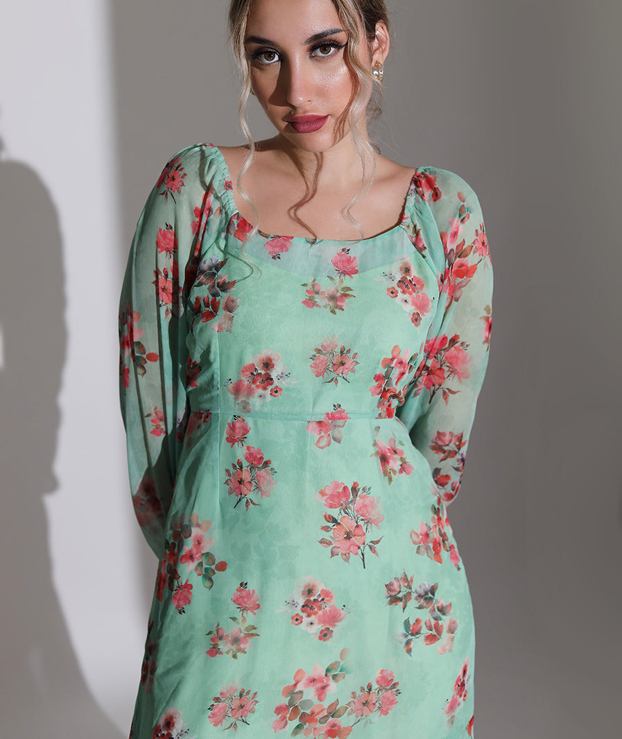 Green Chiffon Floral Dress