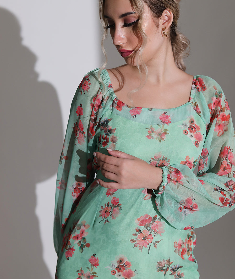 Green Chiffon Floral Dress