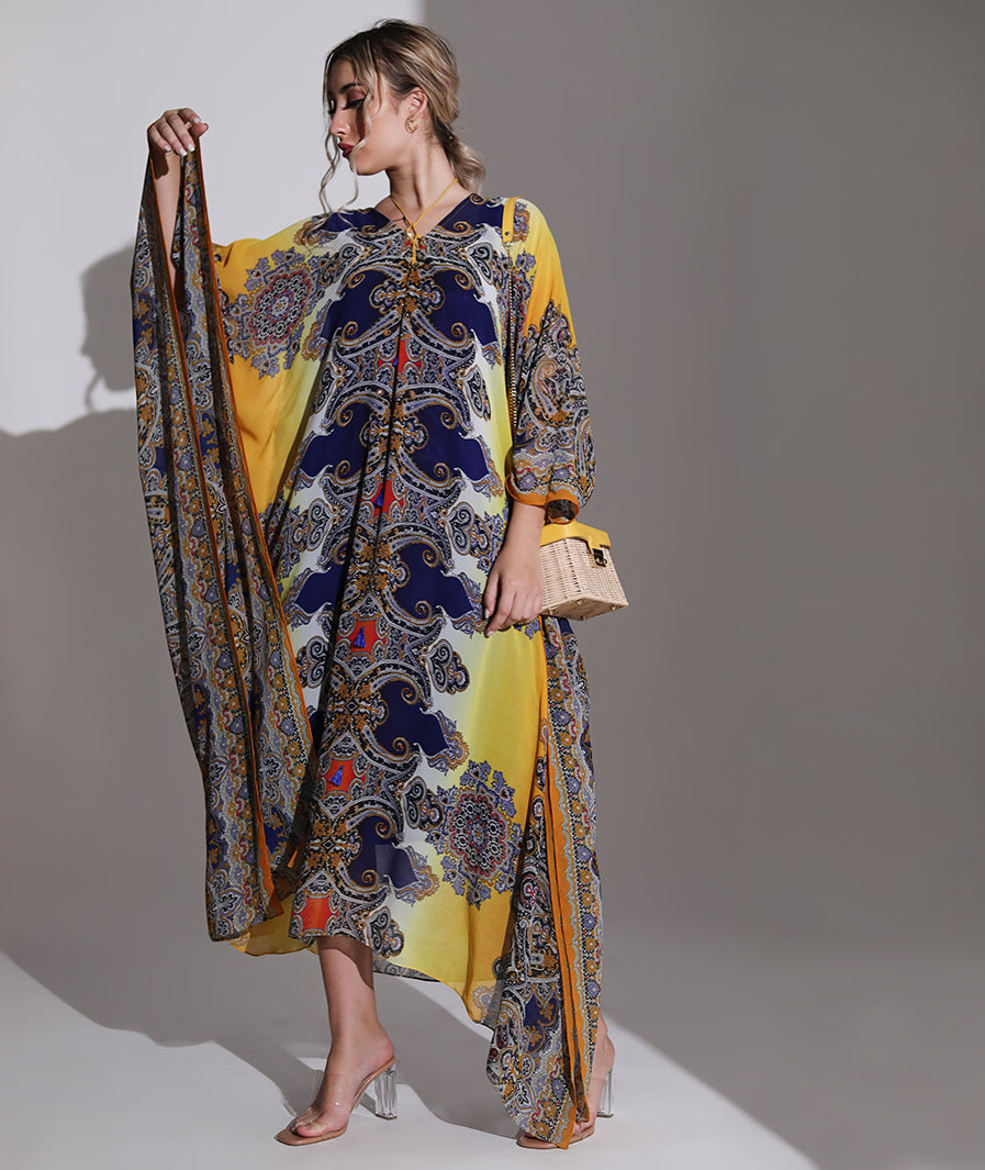 Yellow Royal Abstract Print Kaftan