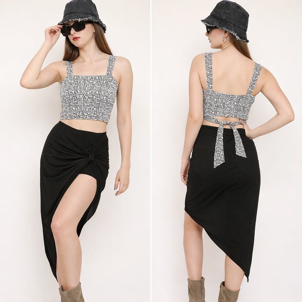 Abstract print crop top with back tie-up and black crystal front knot skirt co-ord set for women – Marcel & Mae
