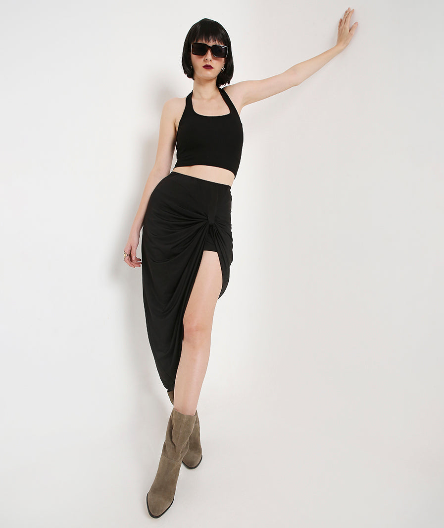 Black crystal front knot skirt with abstract crop top – party wear crop top and skirt set