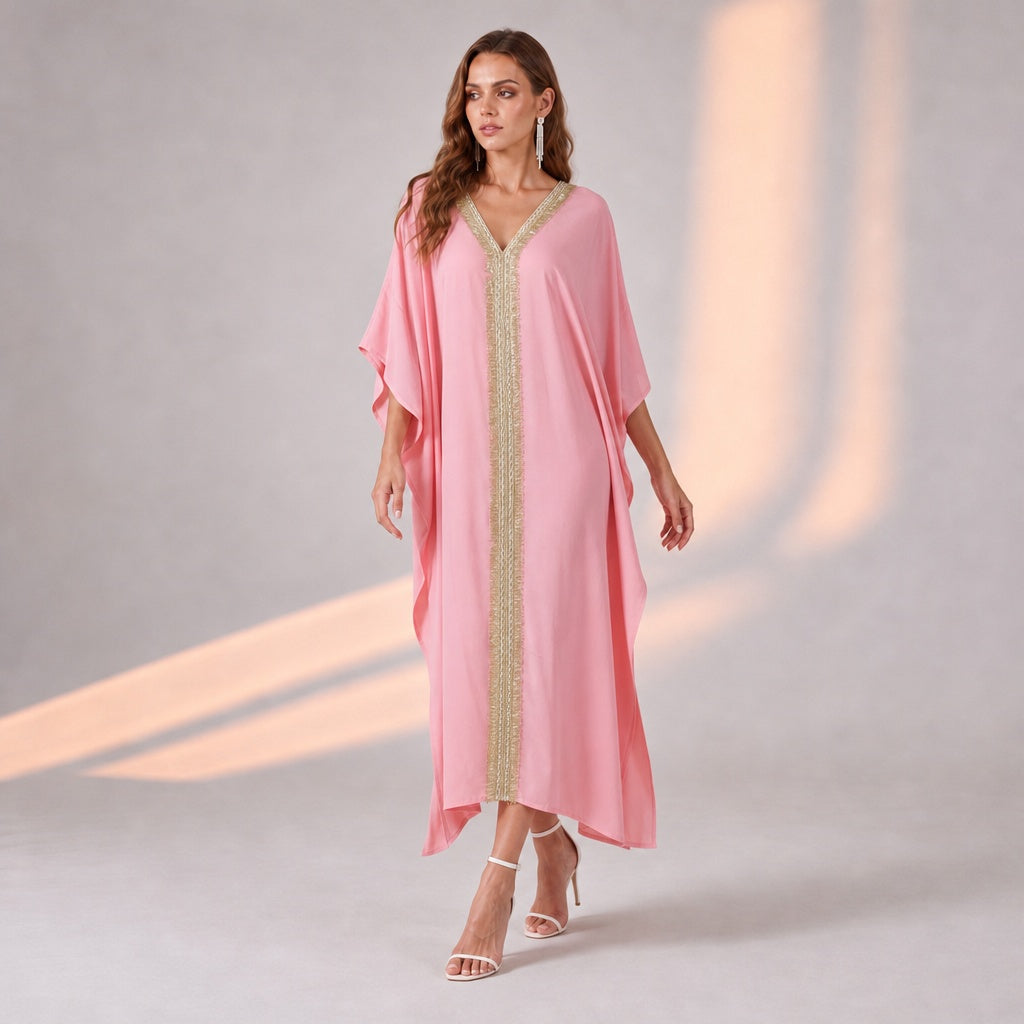 Pink Full Length Sundowner Wear Kaftan with Glitter Lace Detail