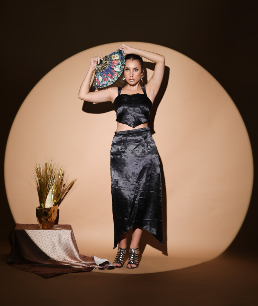 Black dragon print co-ord set matching top and skirt for women – Marcel & Mae
