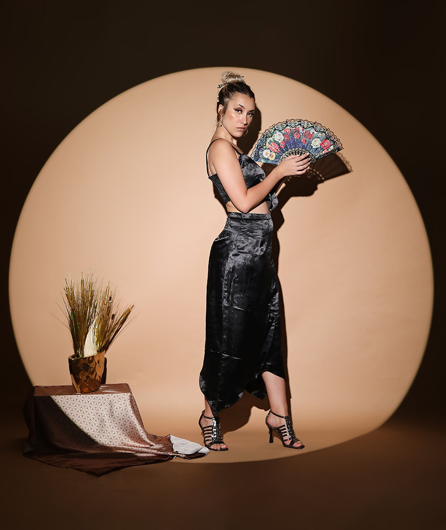 Full look black dragon print two piece set – western evening wear
