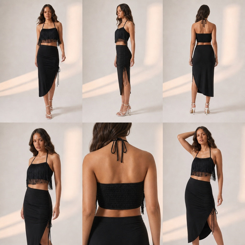 Fringe movement on black halter top paired with asymmetrical skirt – party co ord for women

