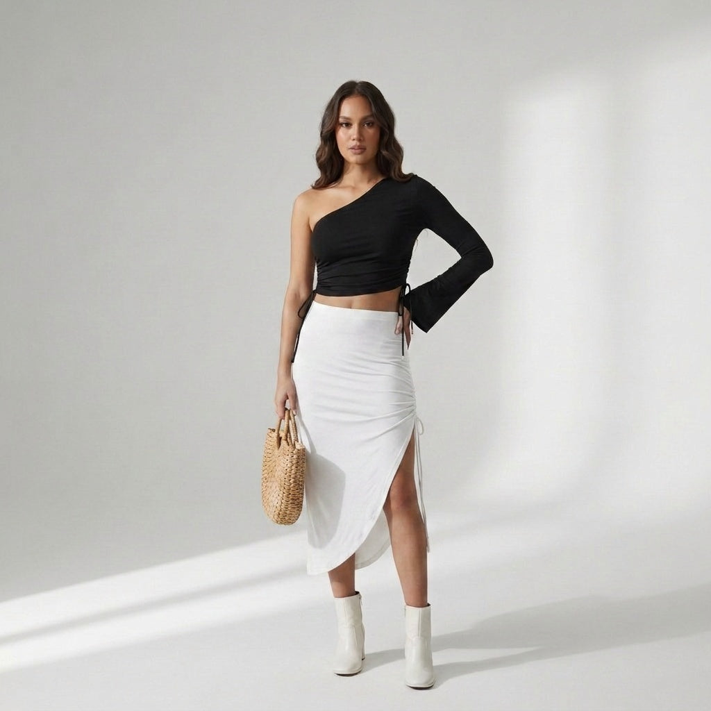 Black off-shoulder side drawstring top with egg white drawstring skirt co-ord – Marcel & Mae
