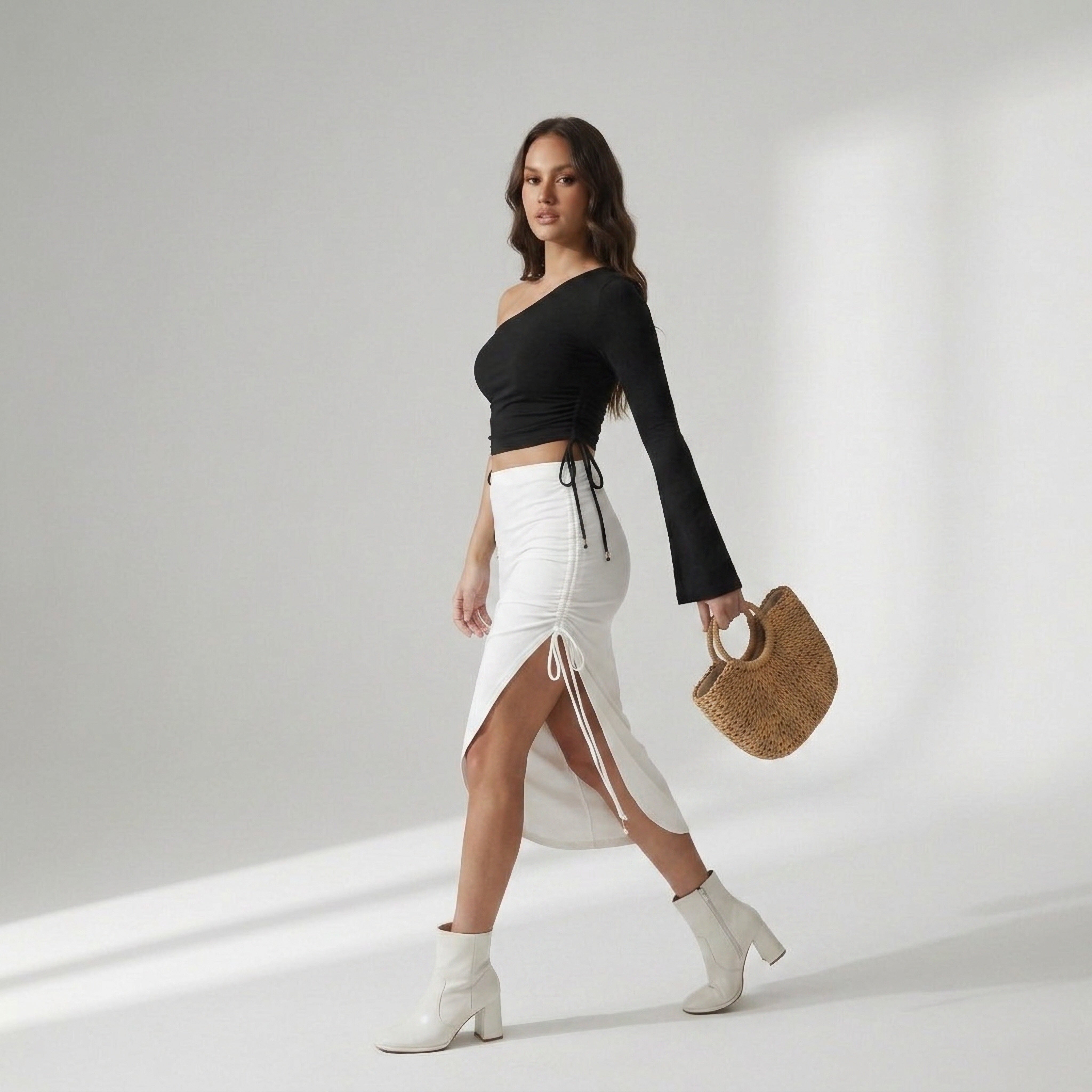 Monochrome black and white co-ord set off-shoulder top and cream skirt – western party wear
