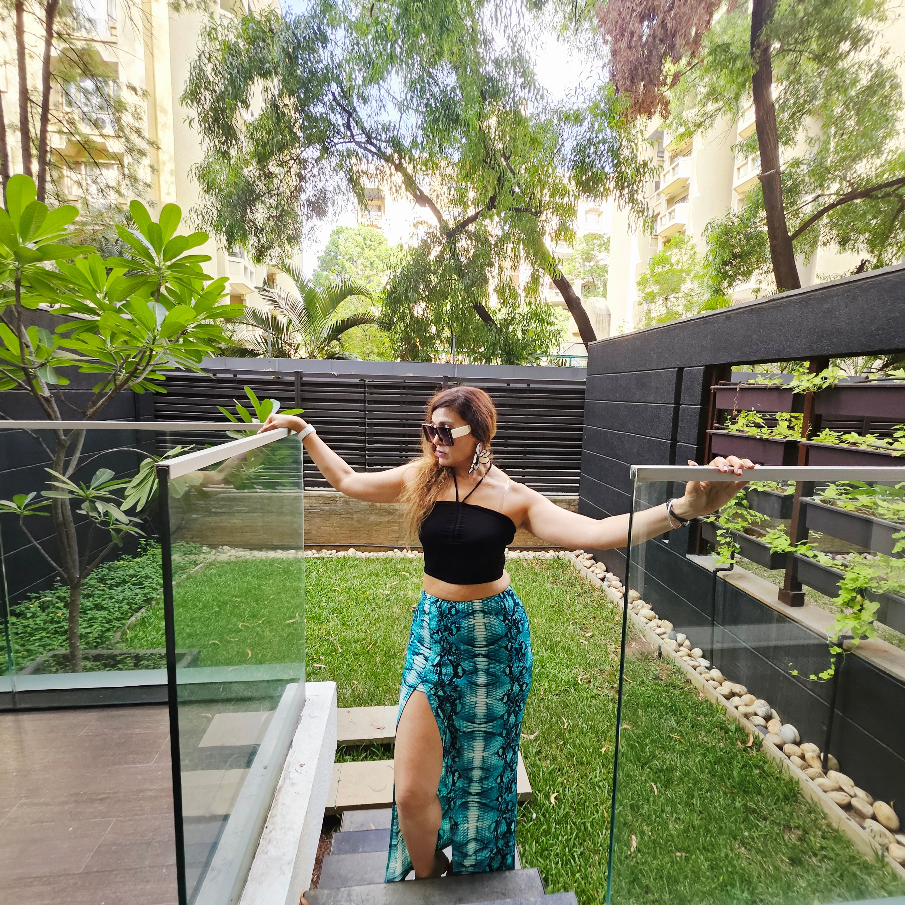 Black ruched halter crop with emerald scaly high slit skirt co-ord – Marcel & Mae
