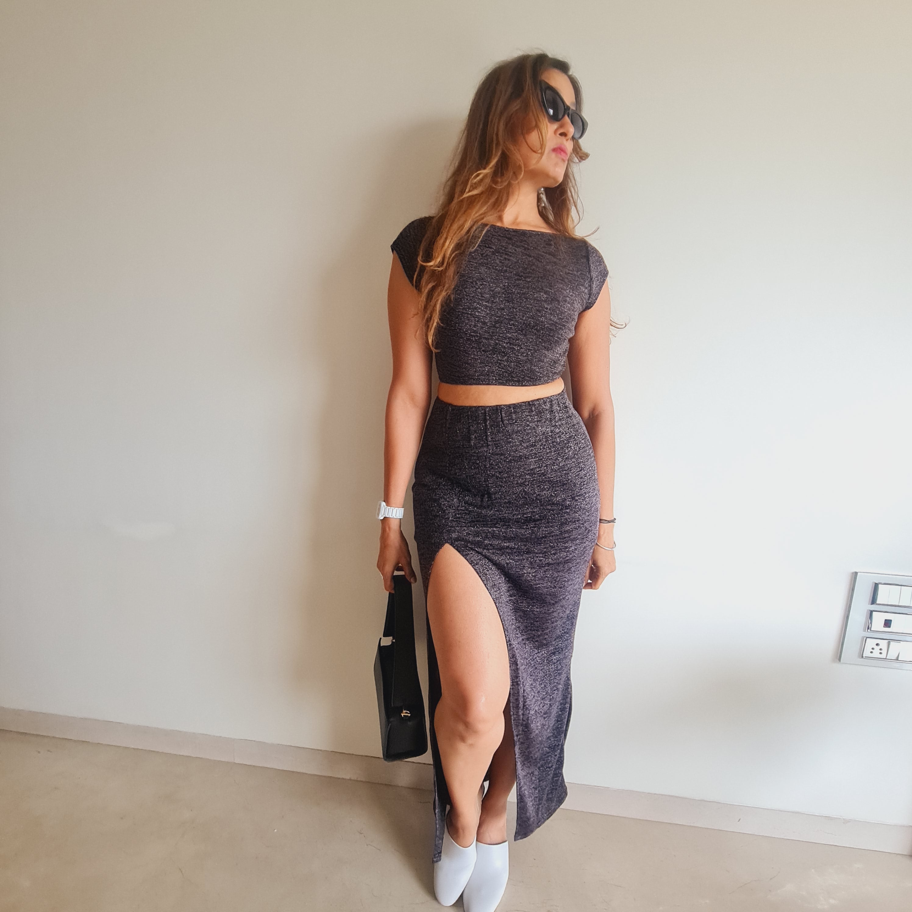 detail close-up of Black Shimmer Slit Long Skirt – soft stretch western skirt, Marcel & Mae
