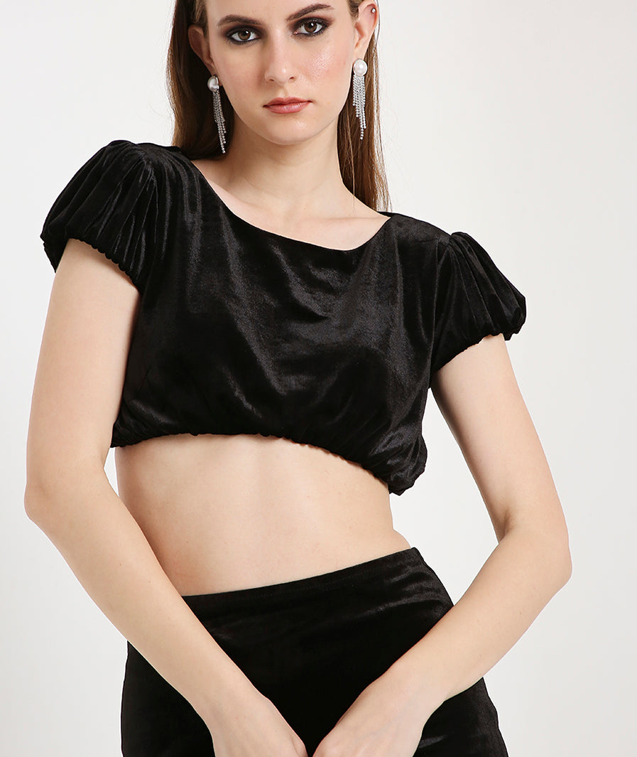 Full look black velvet matching set balloon crop and skirt – western evening wear
