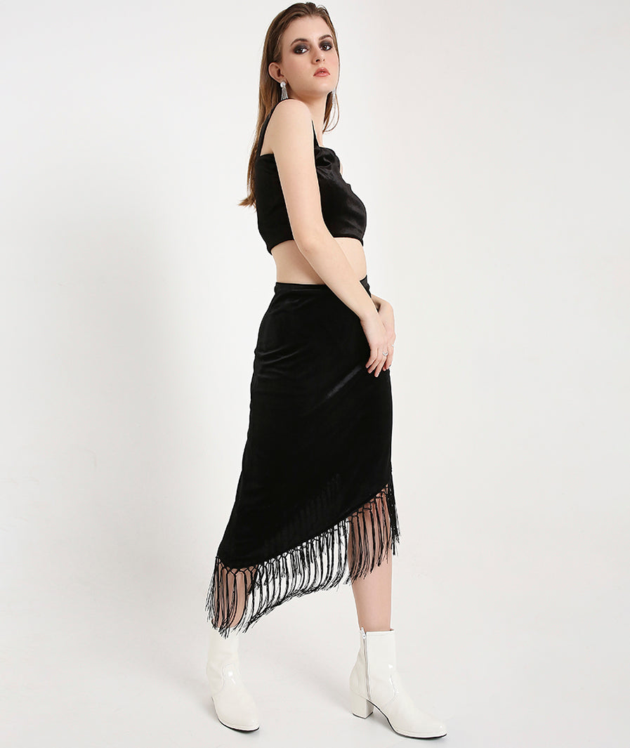 Black velvet broad-strap crop top with tasseled skirt co-ord set – Marcel & Mae
