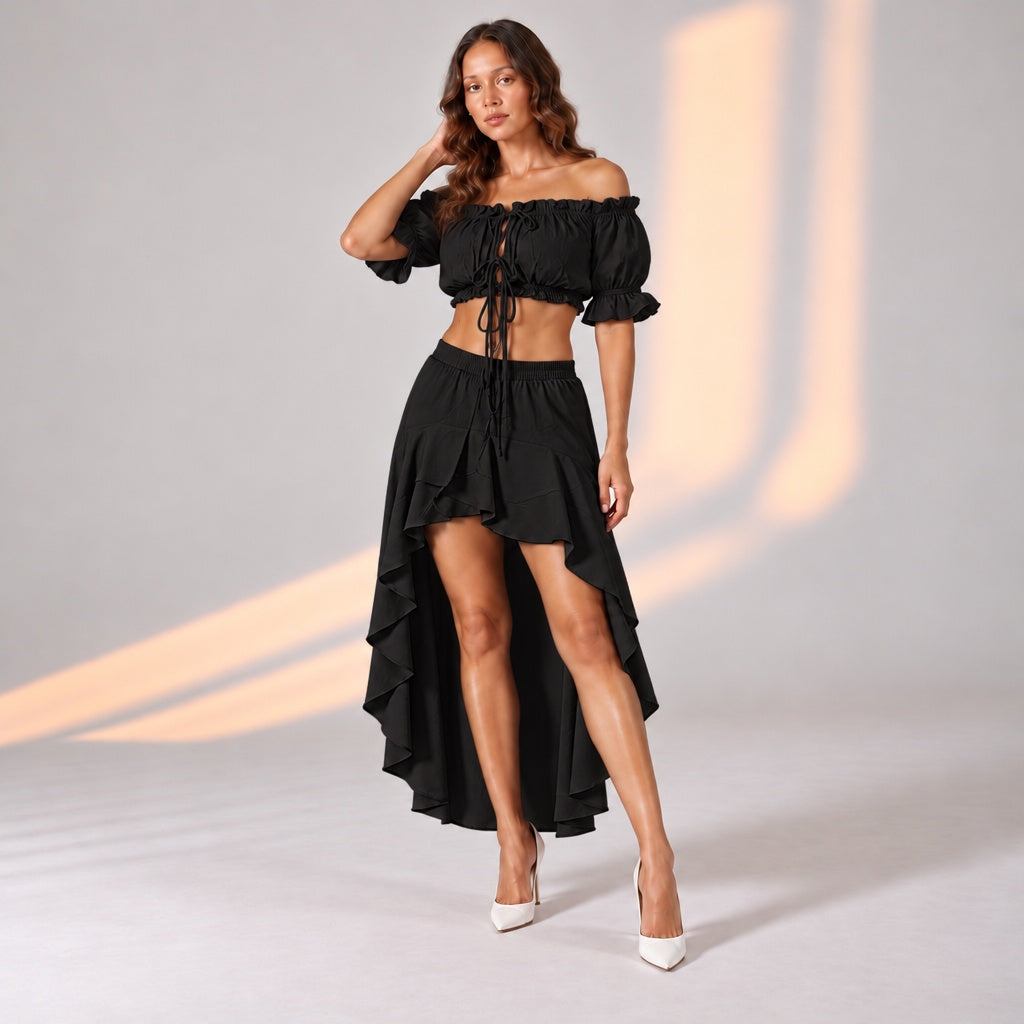 Black co-ord set. Black crop top and skirt set. Women's black two-piece outfit. Self-tie crop top. Black party wear outfit. Black evening outfit. Women's skirt co-ord. Trendy black outfit. Chic women's clothing. Black statement outfit. calling june.