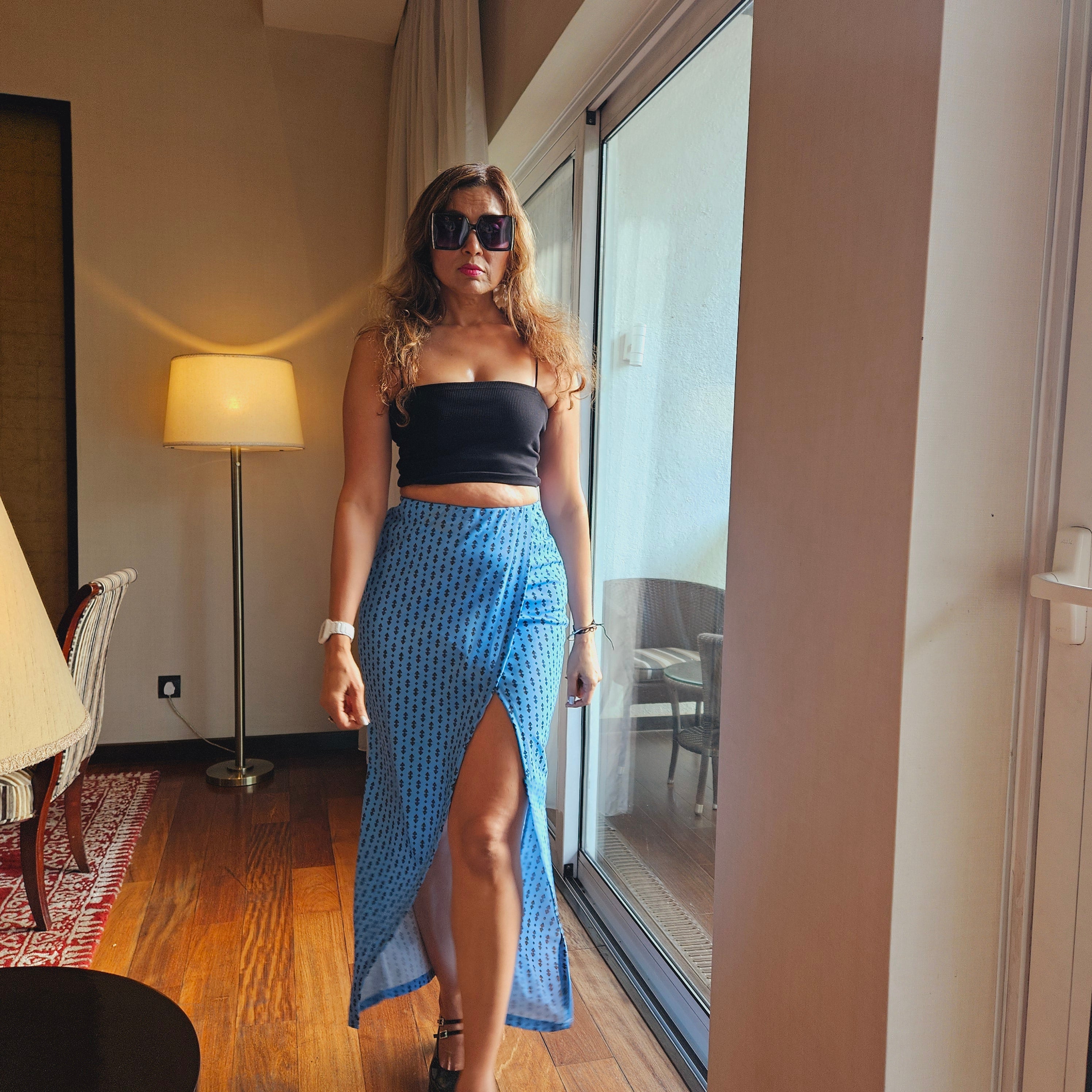 white long skirt: Blue Card Print Wraparound Long Skirt (walking shot)
