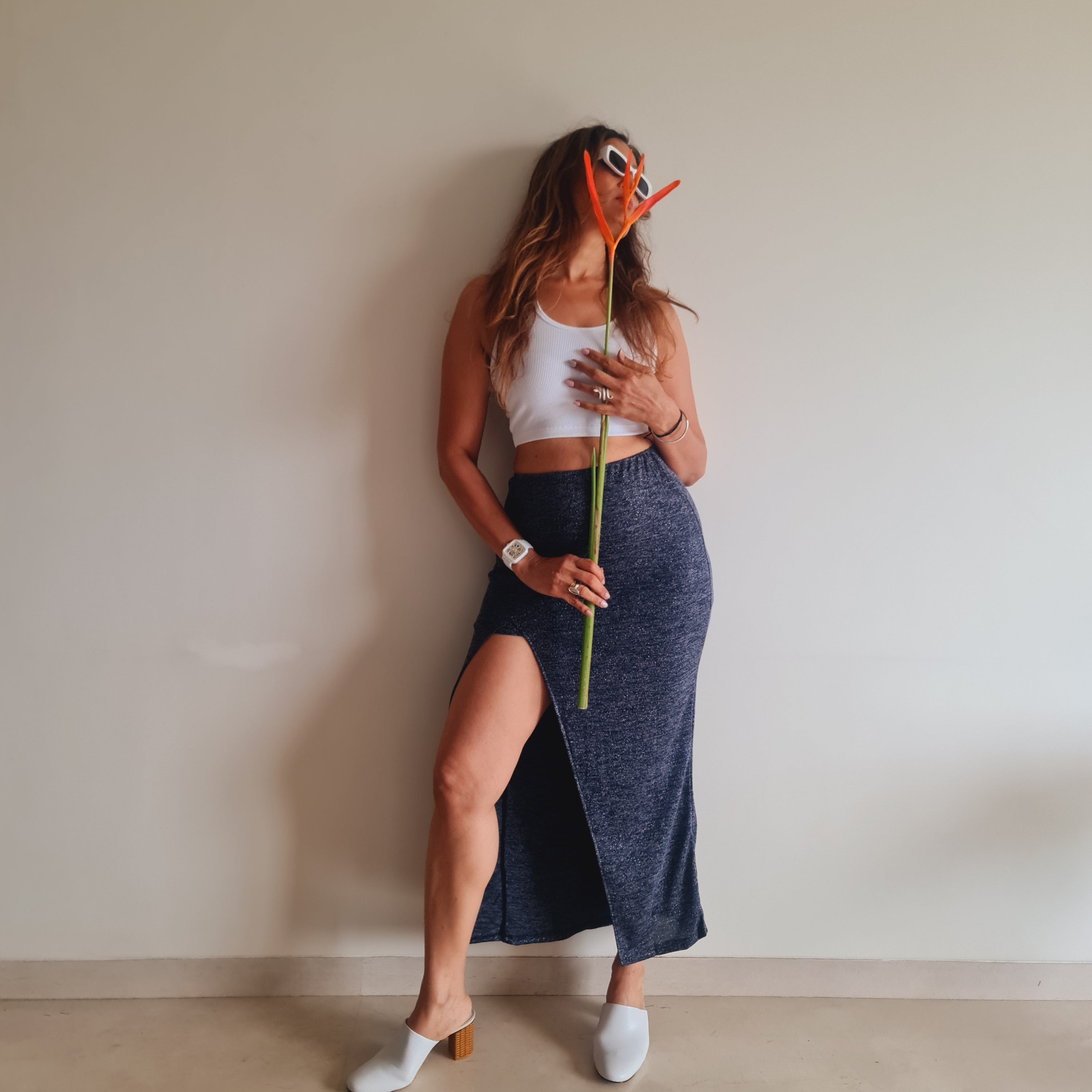 Blue Shimmer Slit Long Skirt styled for party and vacation – vacation styling
