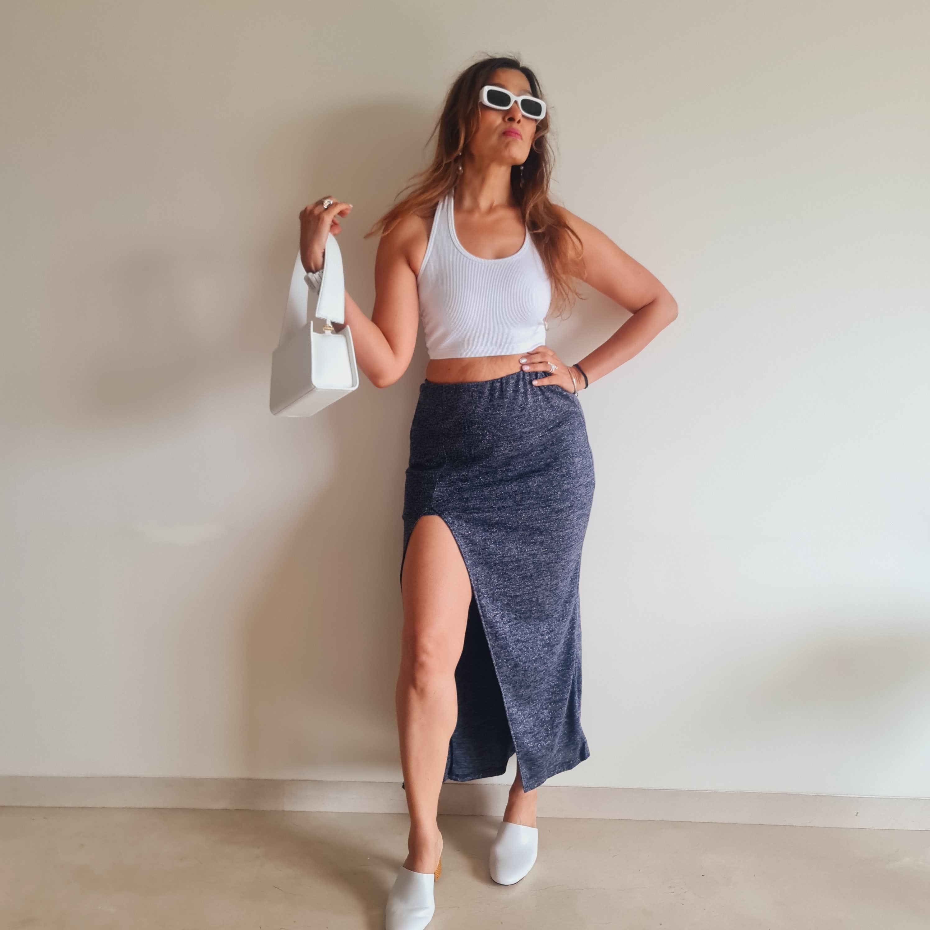 Blue Shimmer Slit Long Skirt – evening styling western long skirt for women, Marcel & Mae
