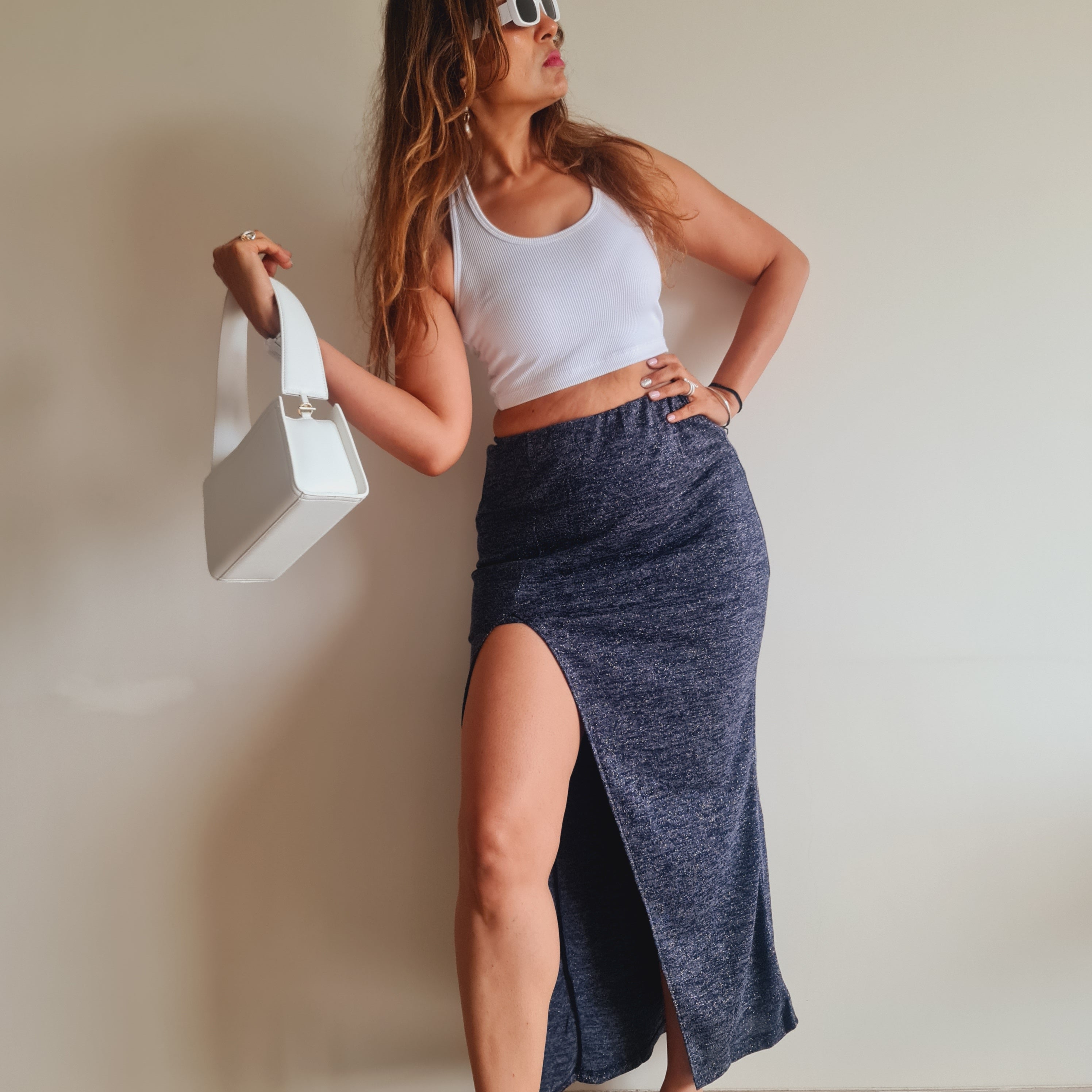 Marcel & Mae Blue Shimmer Slit Long Skirt, waist detail, blue long skirt
