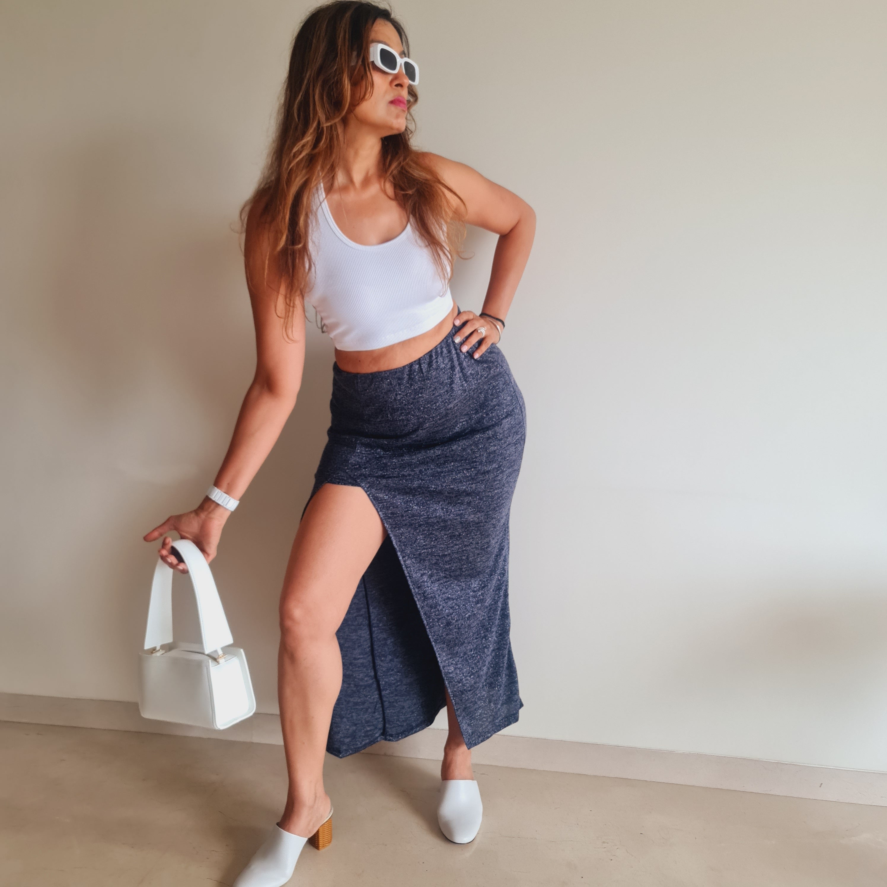 Blue Shimmer Slit Long Skirt – evening styling western long skirt for women, Marcel & Mae (5)
