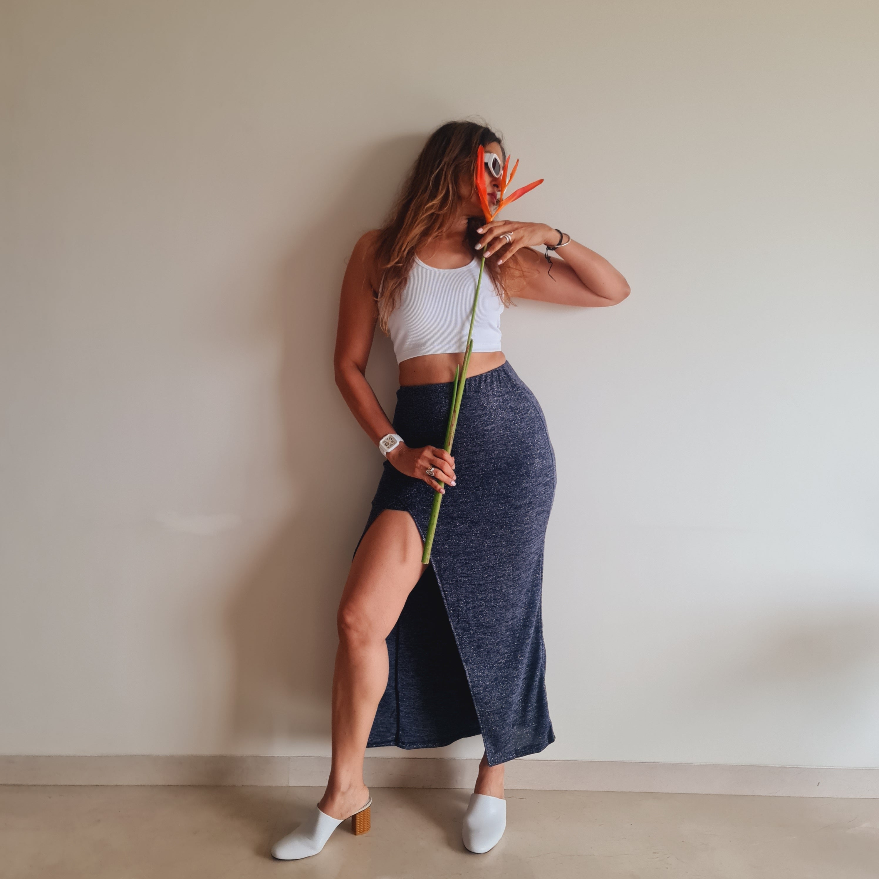 Marcel & Mae Blue Shimmer Slit Long Skirt, slit movement shot, blue long skirt
