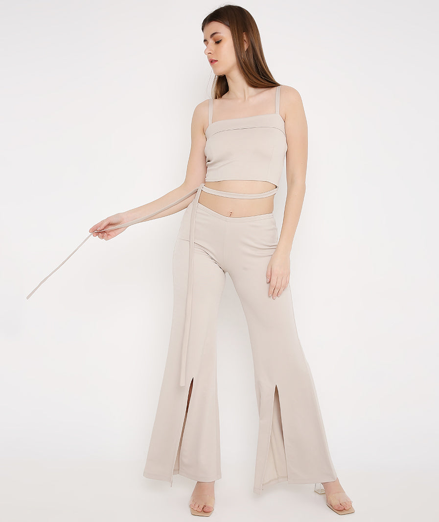 Champagne tie-up crop top with front vent trousers co-ord set – Marcel & Mae
