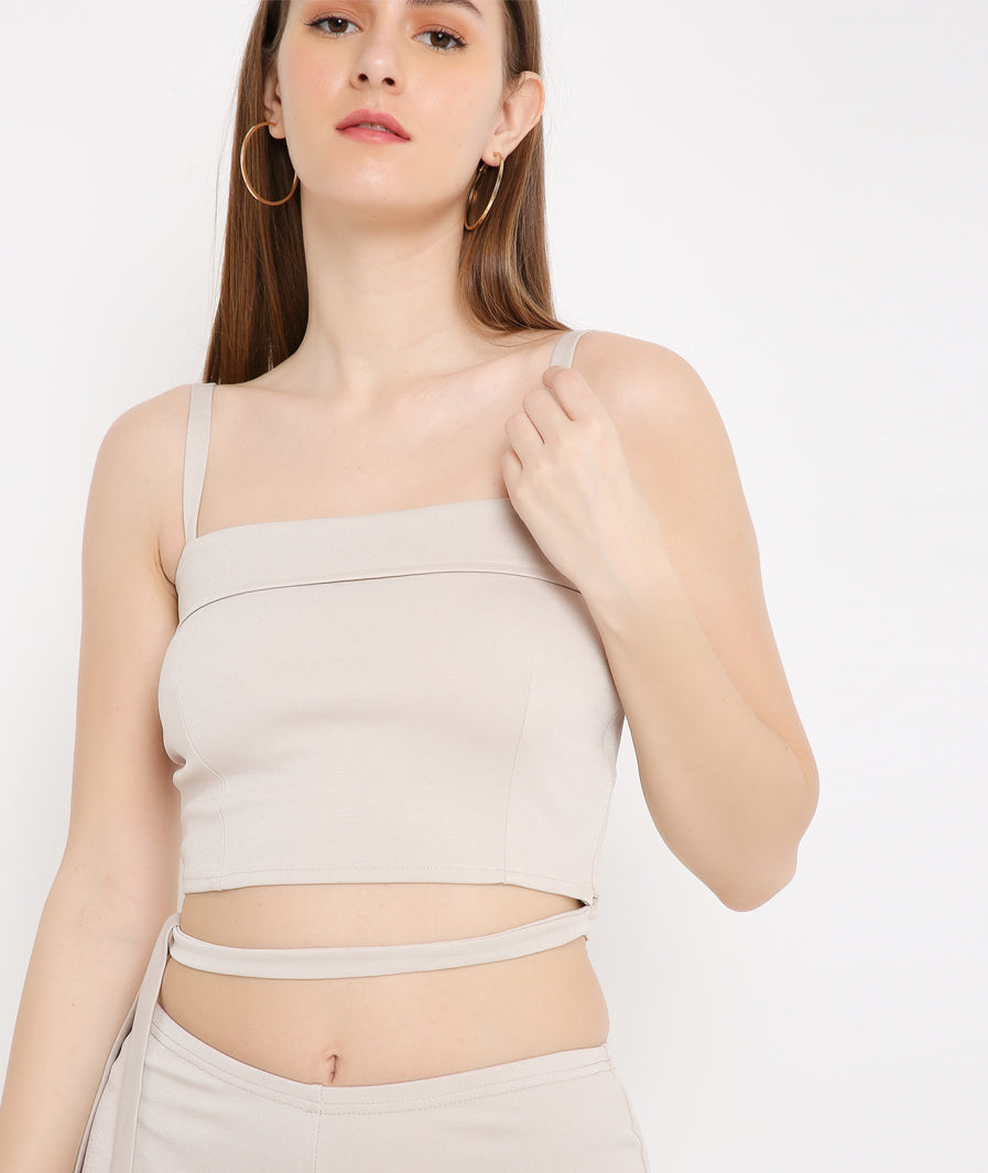 Front vent detail on champagne trousers with matching crop – pants co ord for women
