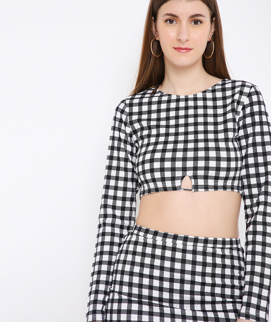 Front look checked mini skirt with crop top – casual western matching set
