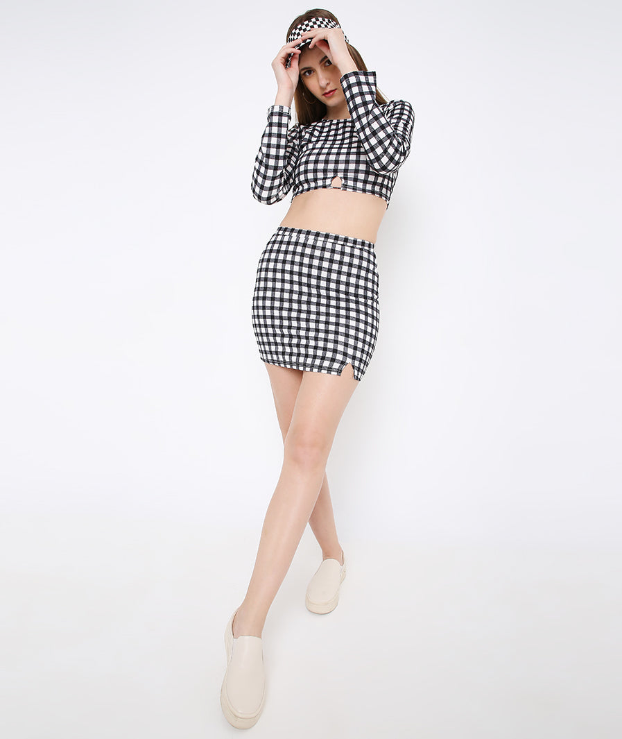 Close-up check print on crop top and mini co-ord for women
