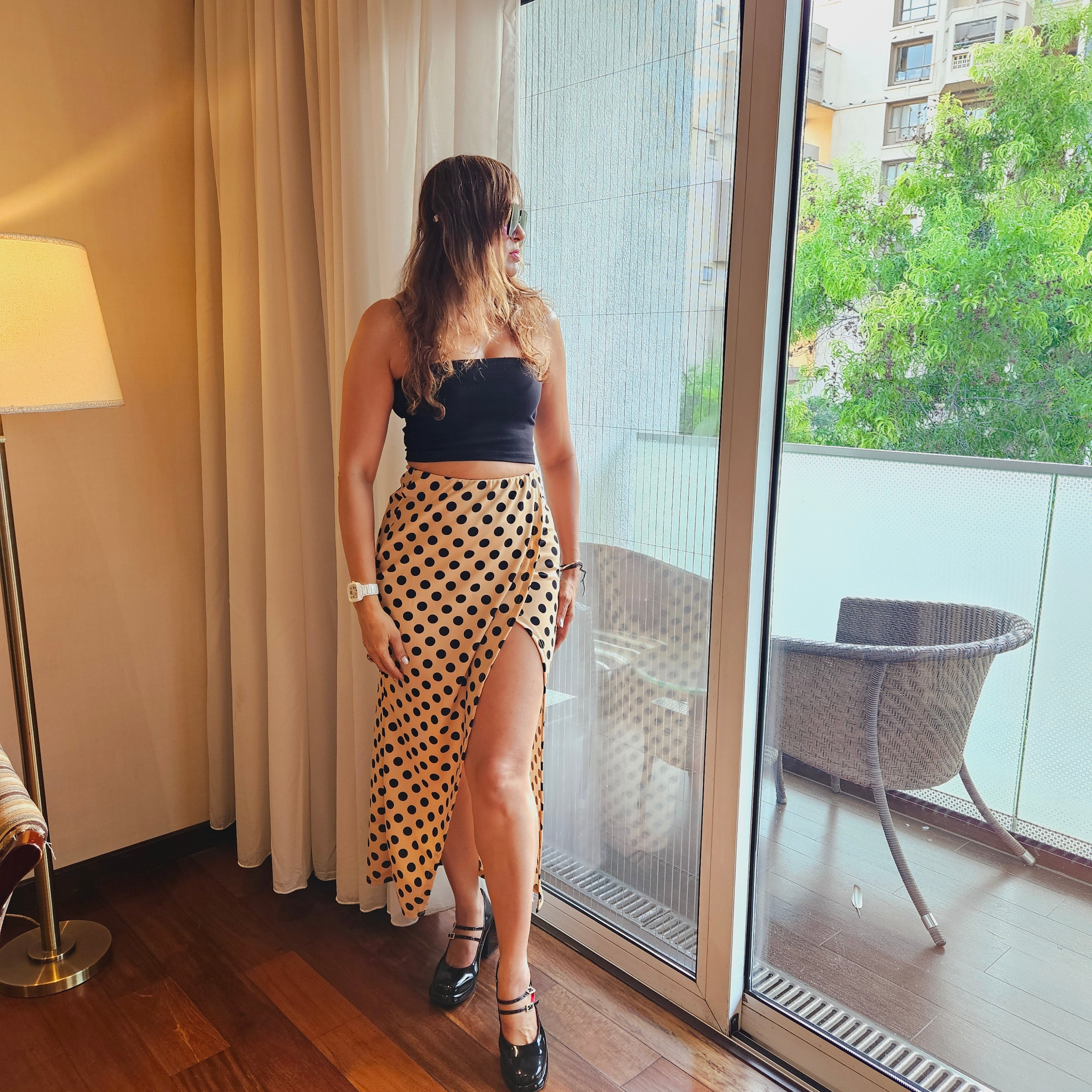 Cream Polka Long Tulip Skirt for Women for Women styled for party and vacation – hem detail

