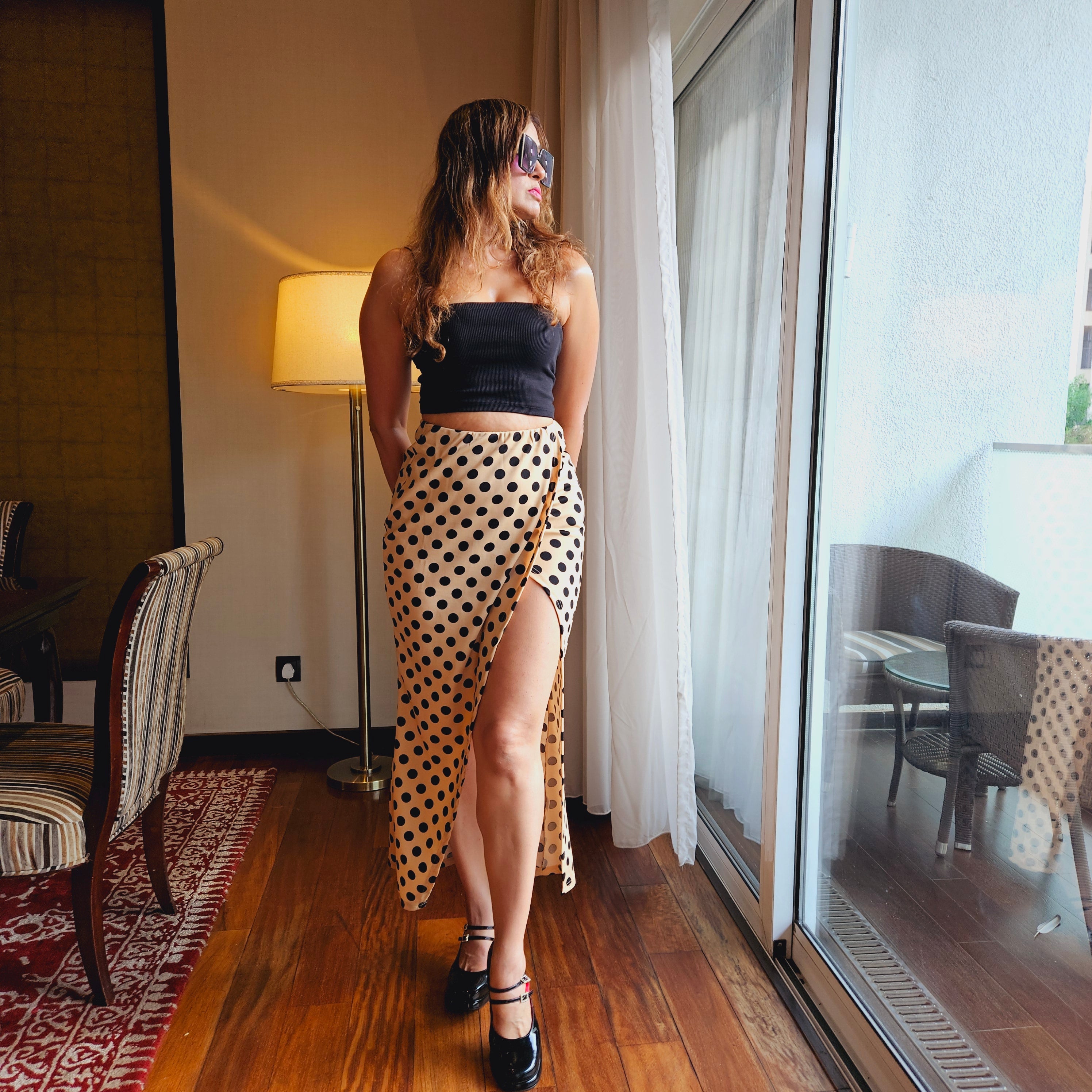 vacation styling of Cream Polka Long Tulip Skirt for Women for Women – soft stretch western skirt, Marcel & Mae
