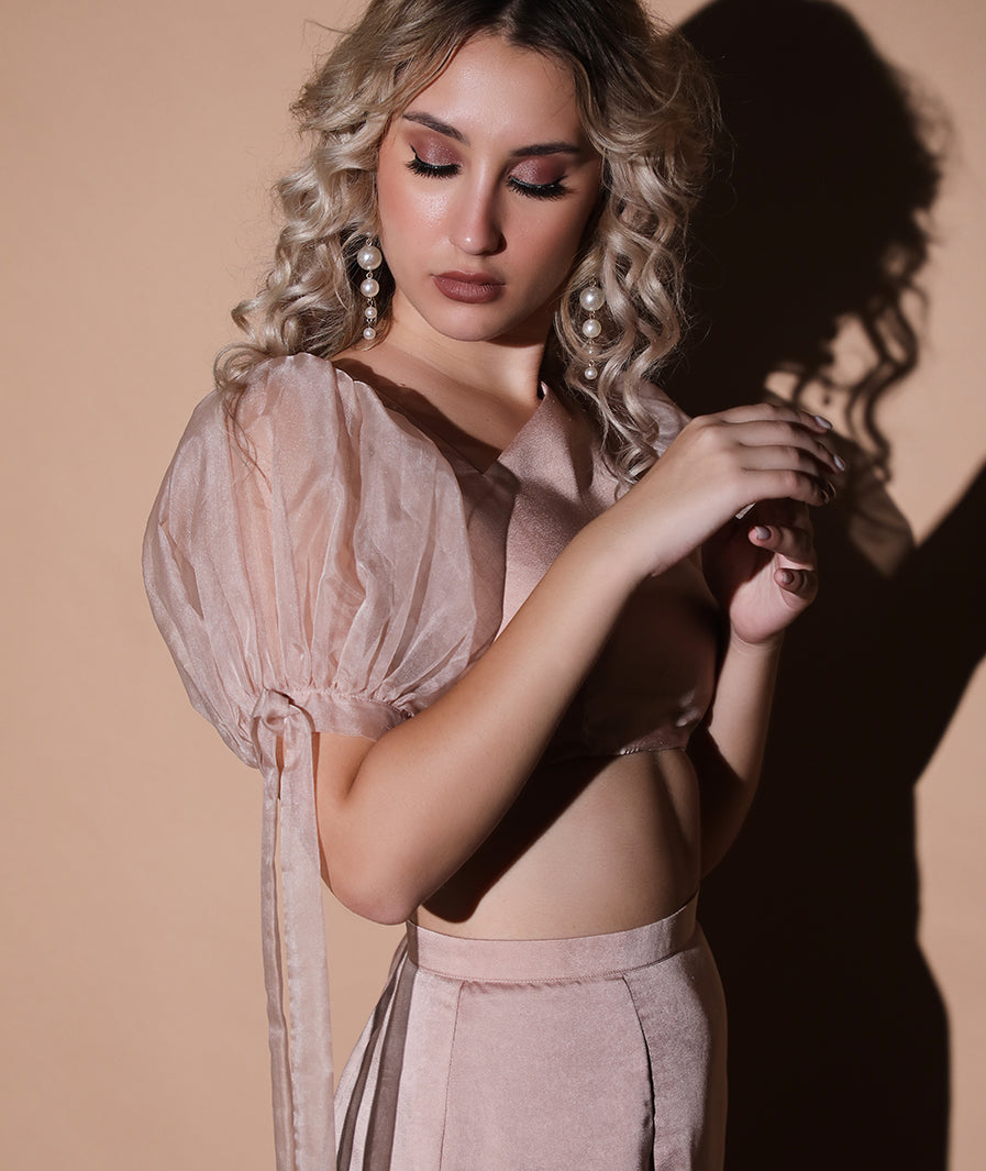 Back view cream georgette sleeve and satin skirt matching set
