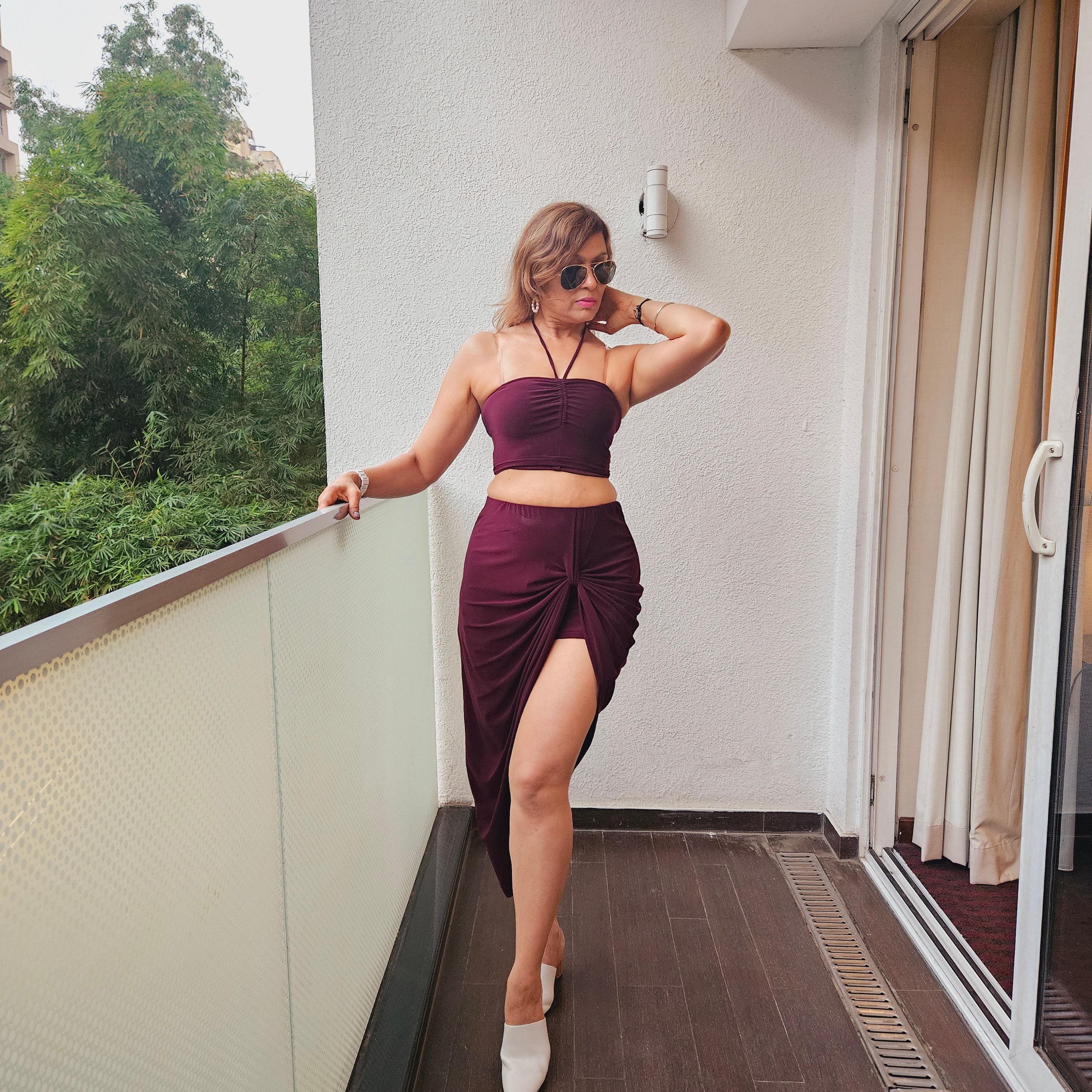 Marcel & Mae Dark Chocolate crystal shimmer Front Knot Skirt, front view, dark chocolate long skirt
