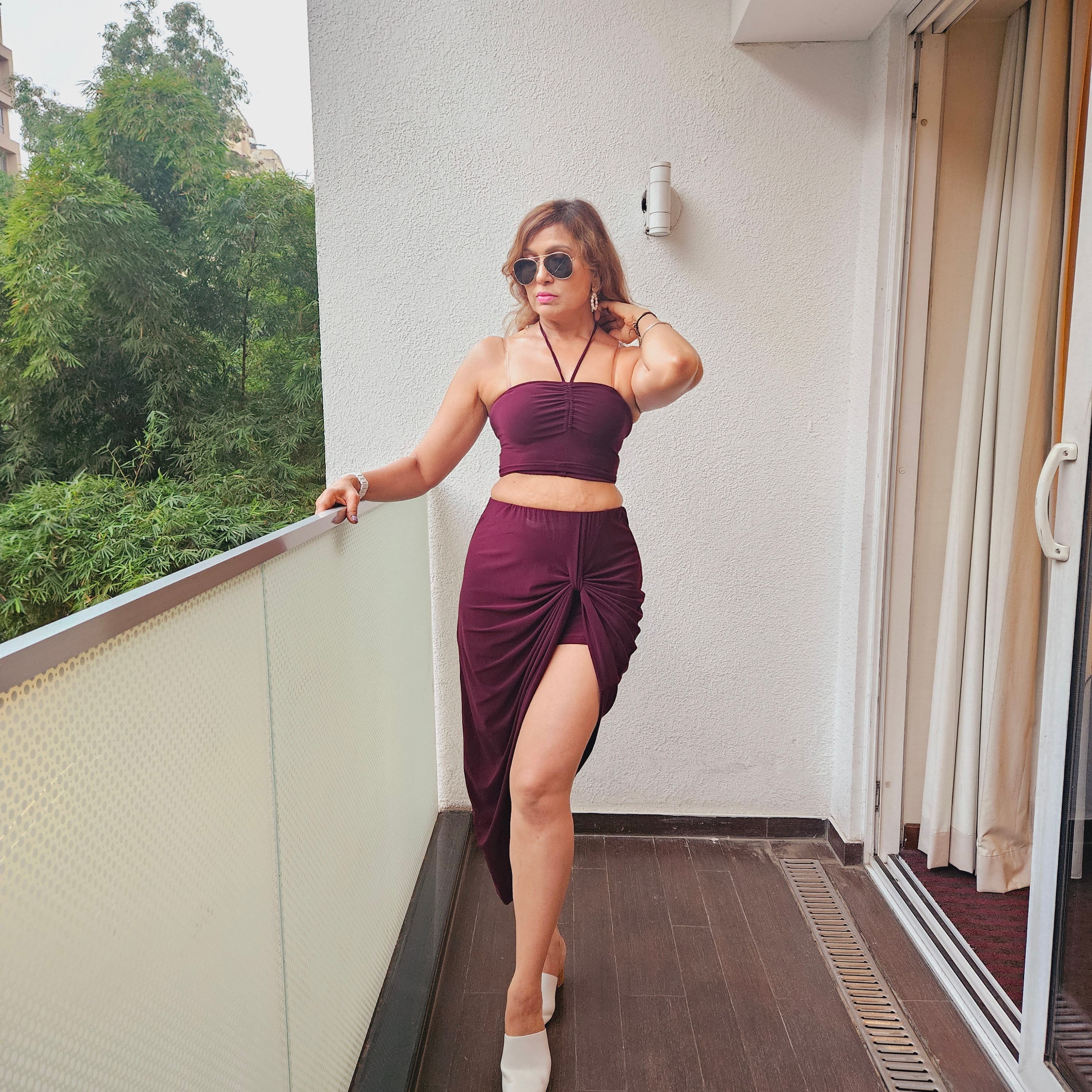 Dark Chocolate crystal shimmer Front Knot Skirt styled for party and vacation – walking shot
