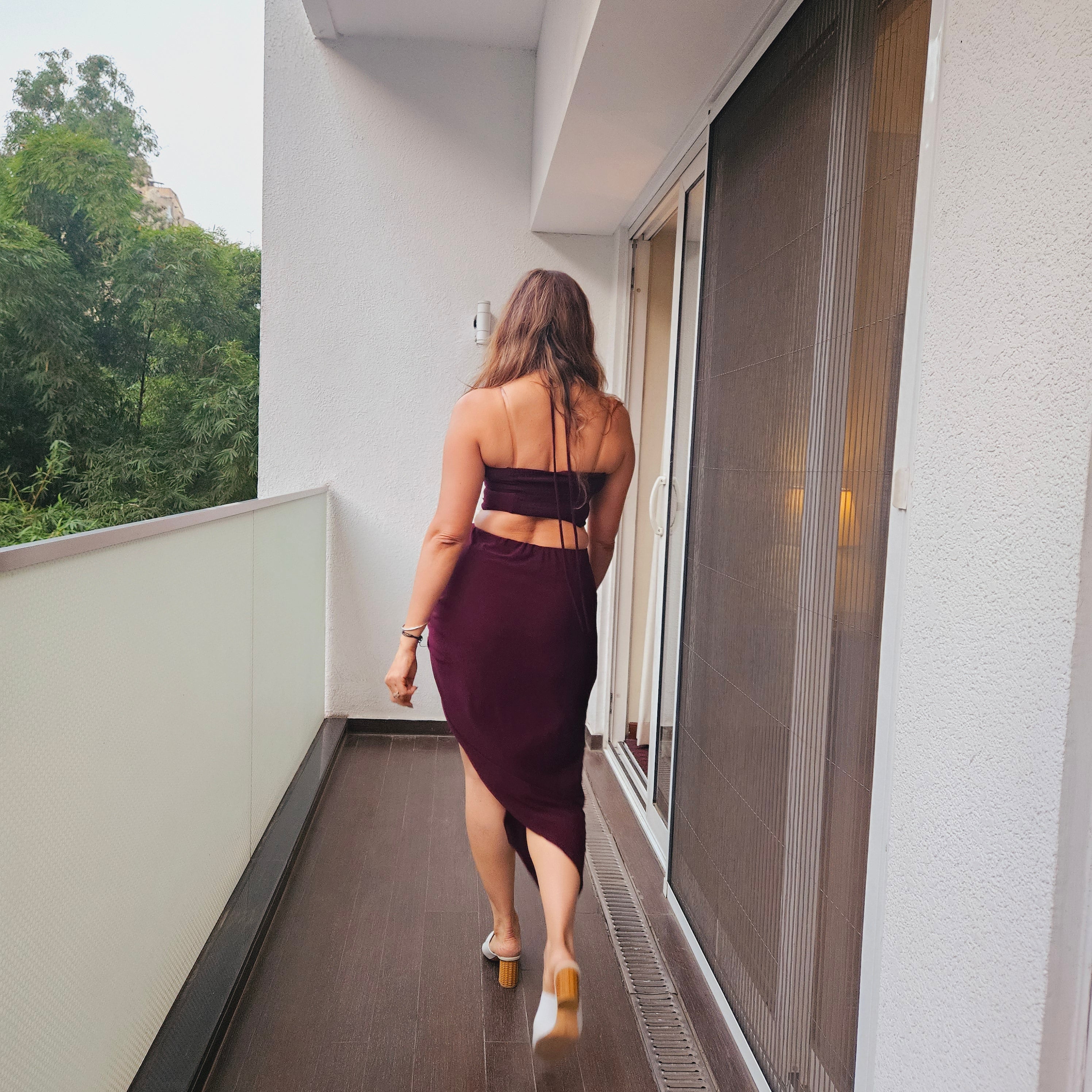 Dark Chocolate crystal shimmer Front Knot Skirt styled for party and vacation – waist detail
