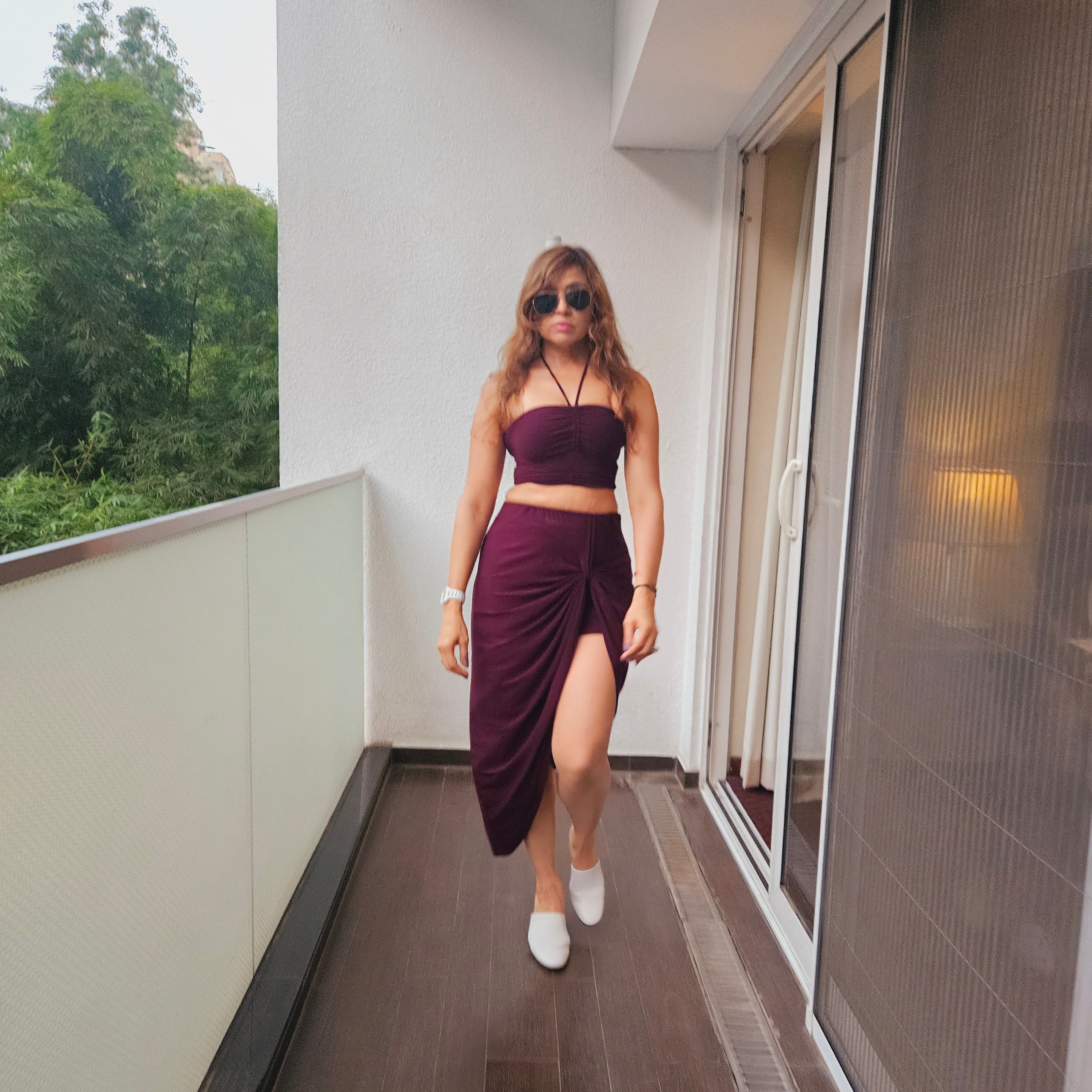 Dark Chocolate crystal shimmer Front Knot Skirt – pair with crop top look western long skirt for women, Marcel & Mae
