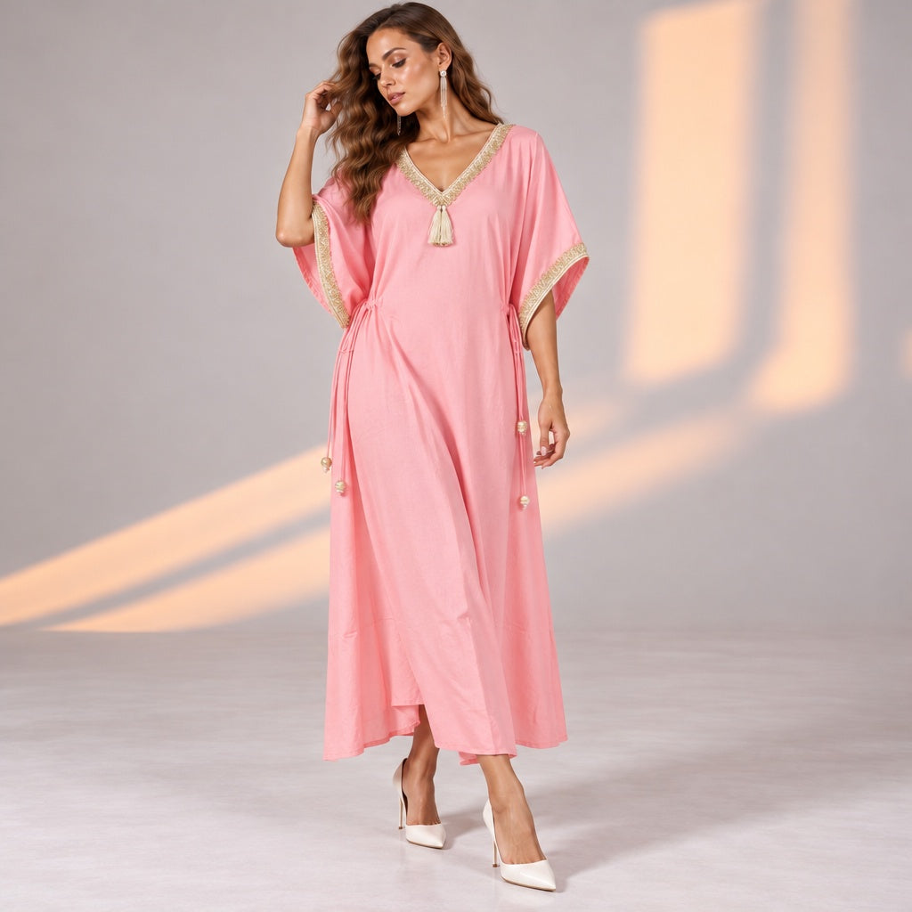 Pink Side Drawstring Kitty Party Dress with Glitter Lace Detail
