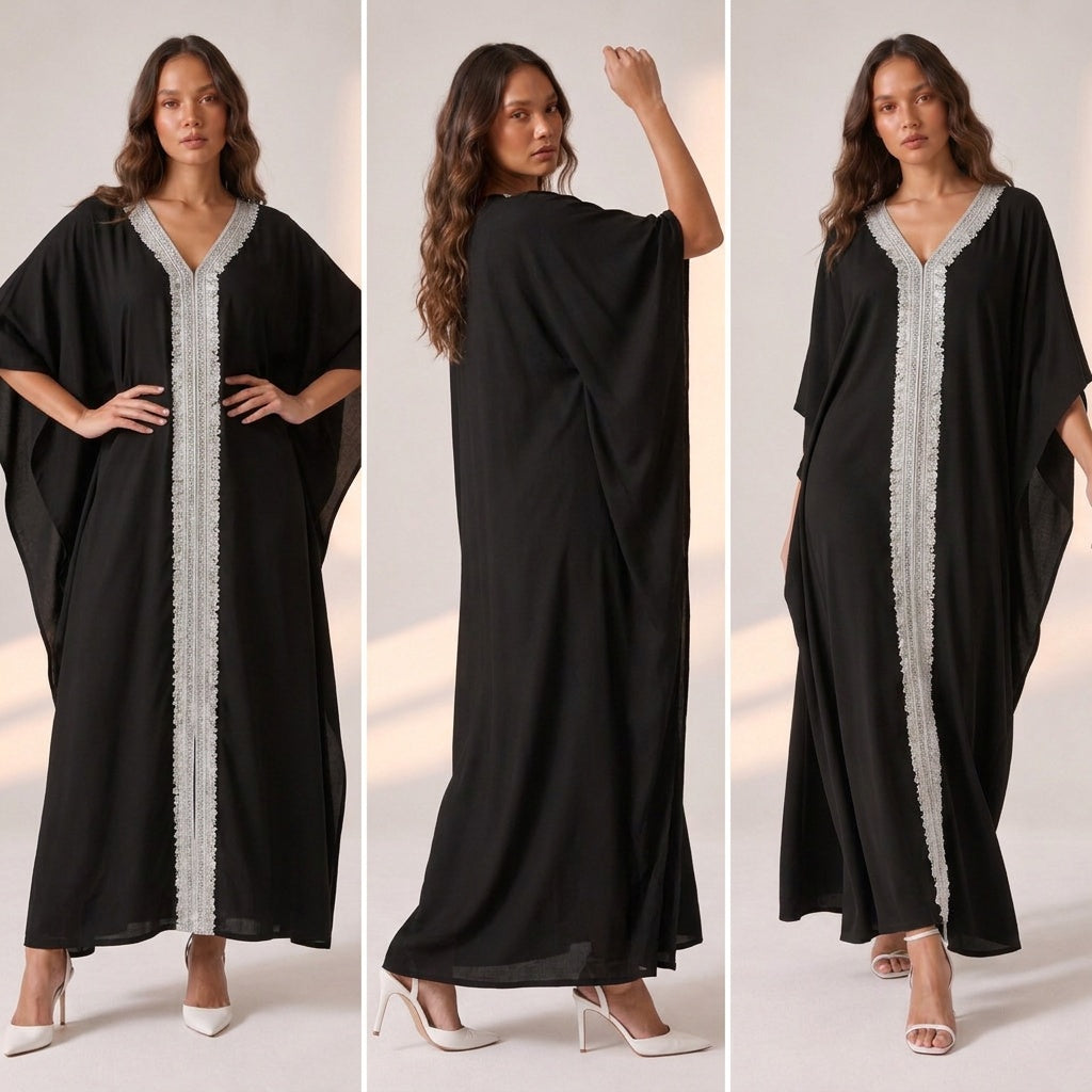Black Full Length Evening Wear Kaftan with Glitter Lace Detail
