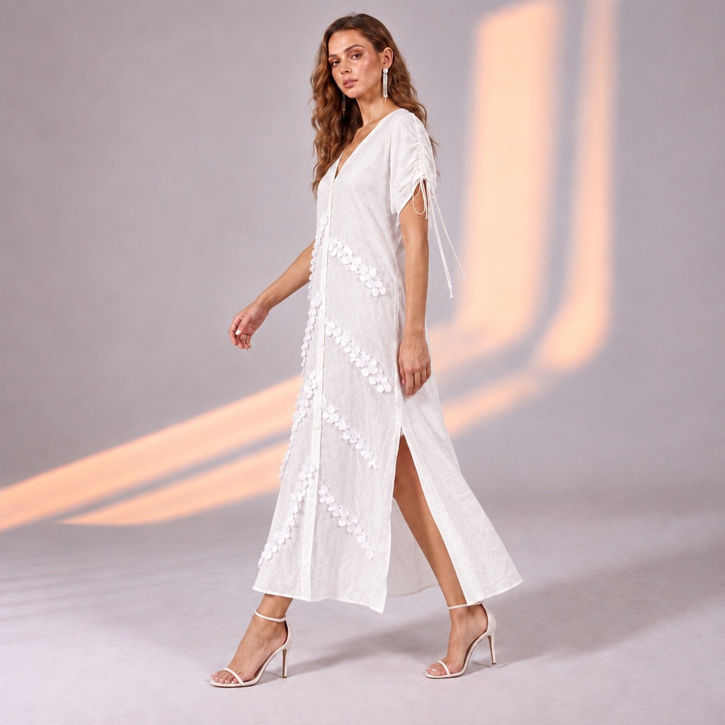 White Tree Button Down Shoulder Drawstring Dress with Branch Lace Detail