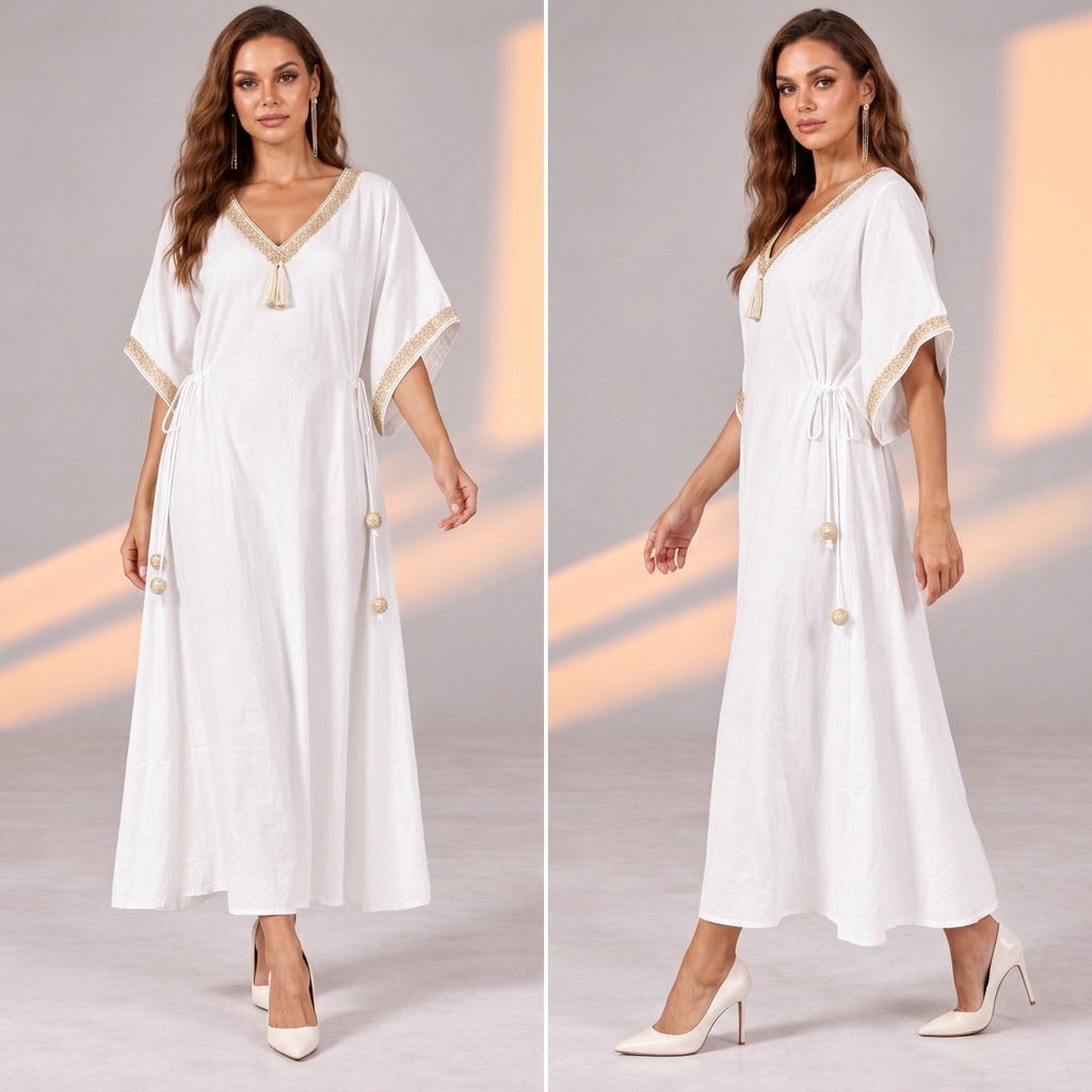 White Side Drawstring Island Kaftan Dress with Glitter Lace Detail