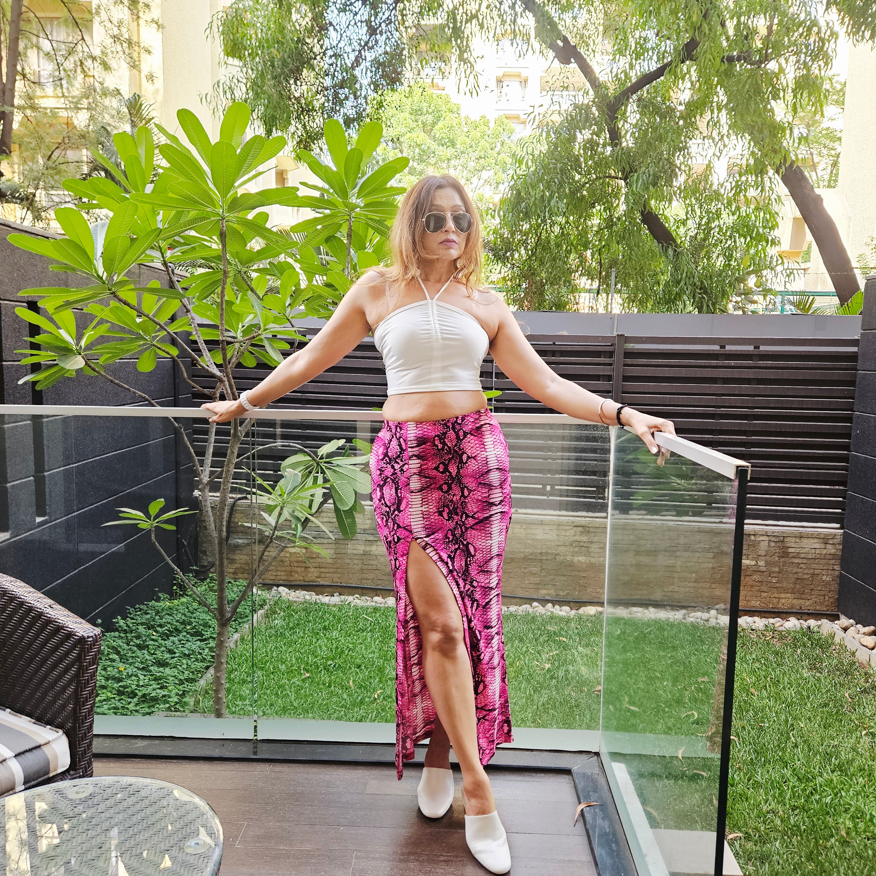 Berry scaly high slit skirt texture with cream halter crop – statement co ord for women
