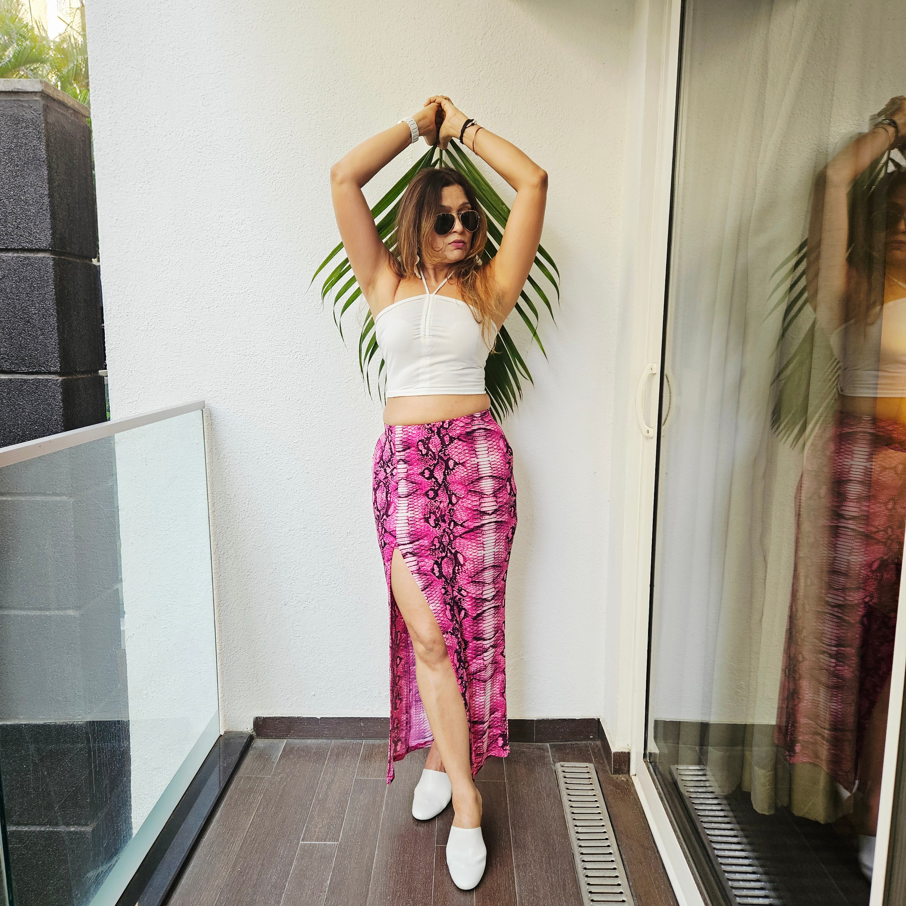 Back view egg white beach halter crop and berry print skirt – Marcel & Mae
