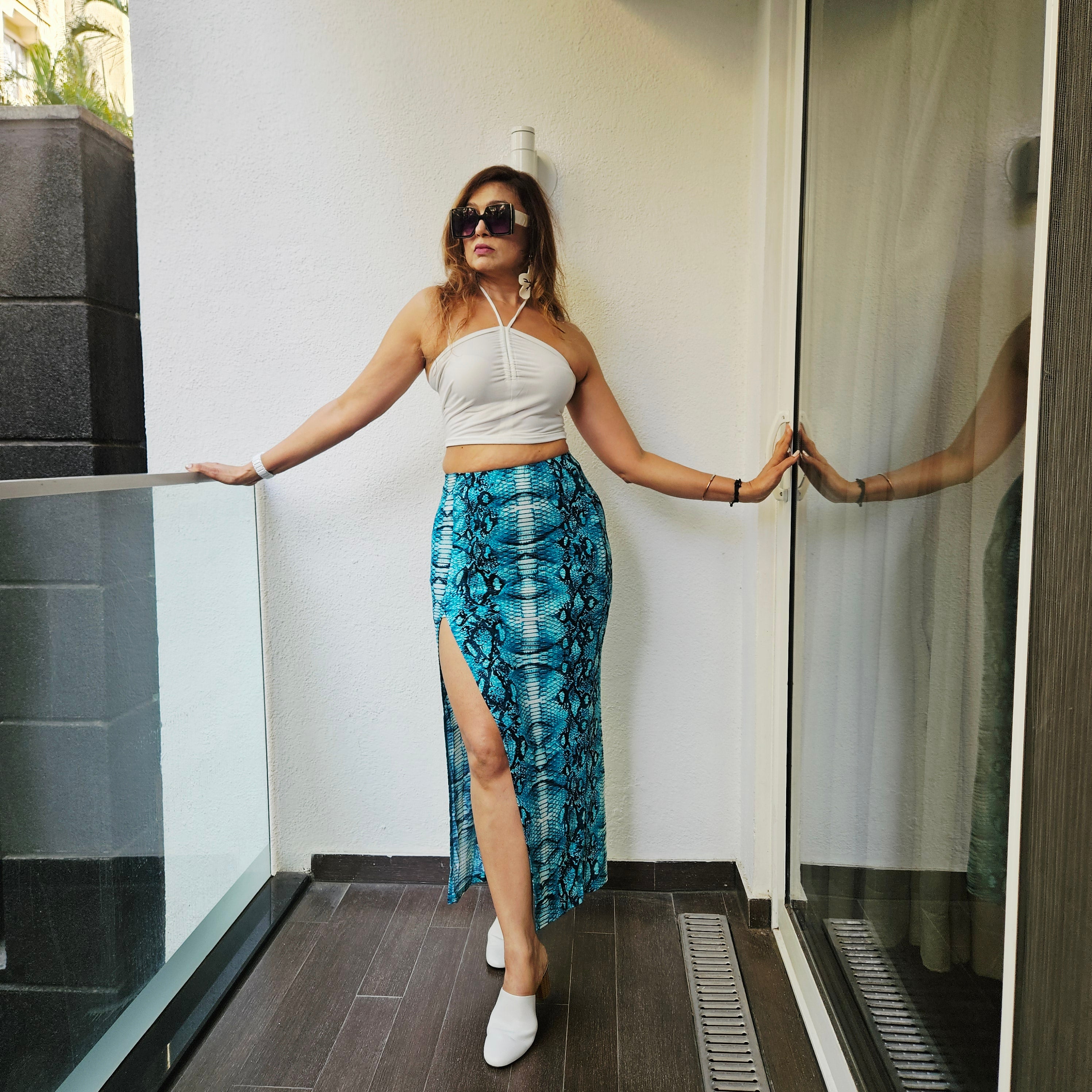 Egg white ruched halter crop with emerald scaly high slit skirt co-ord – Marcel & Mae
