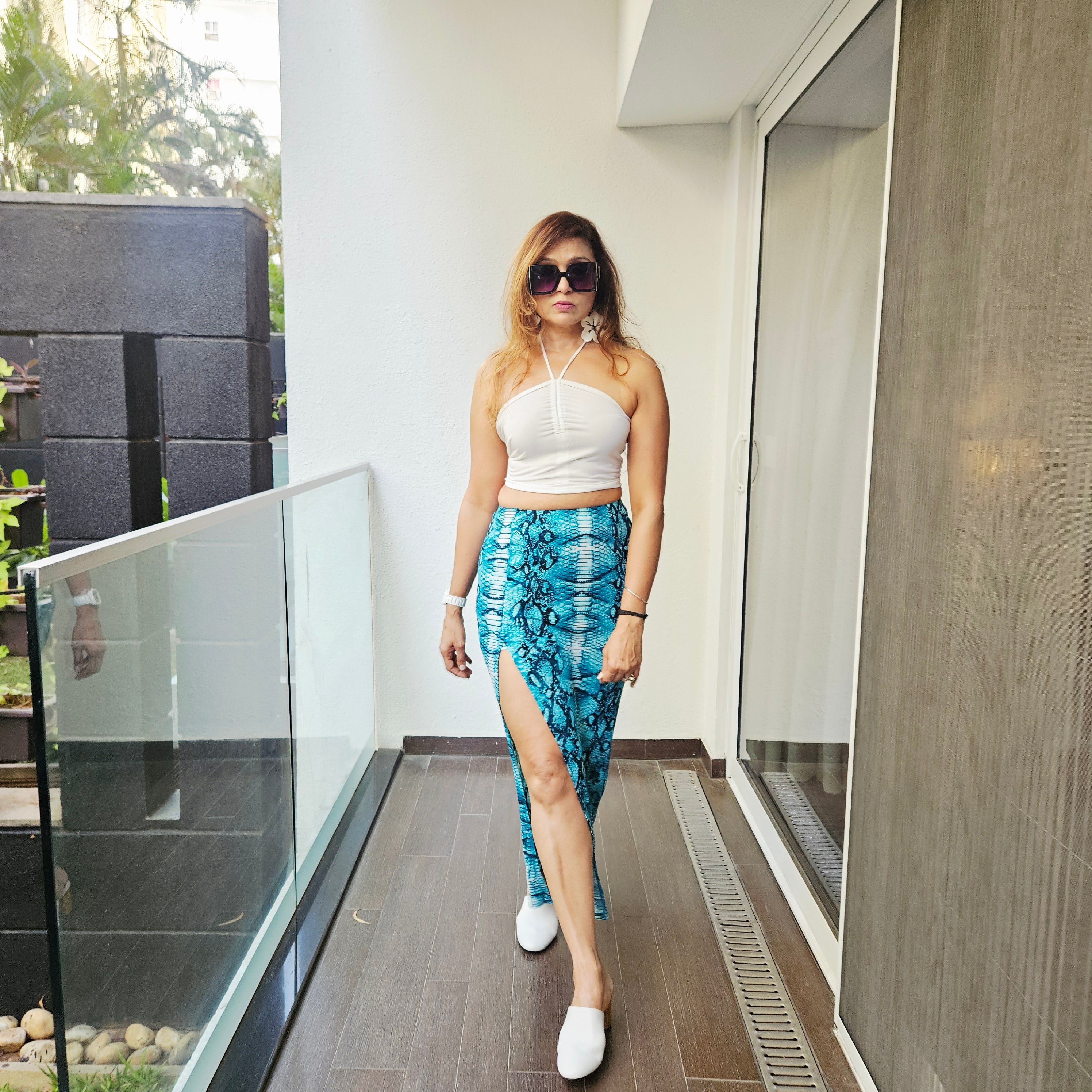 Emerald scaly skirt with cream halter crop – contrast green co ord for women
