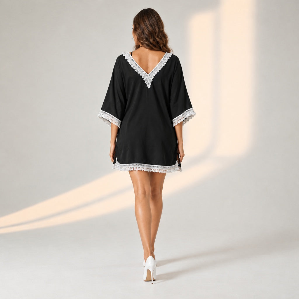 Black Knee Length Dress with Glitter Lace Detail
