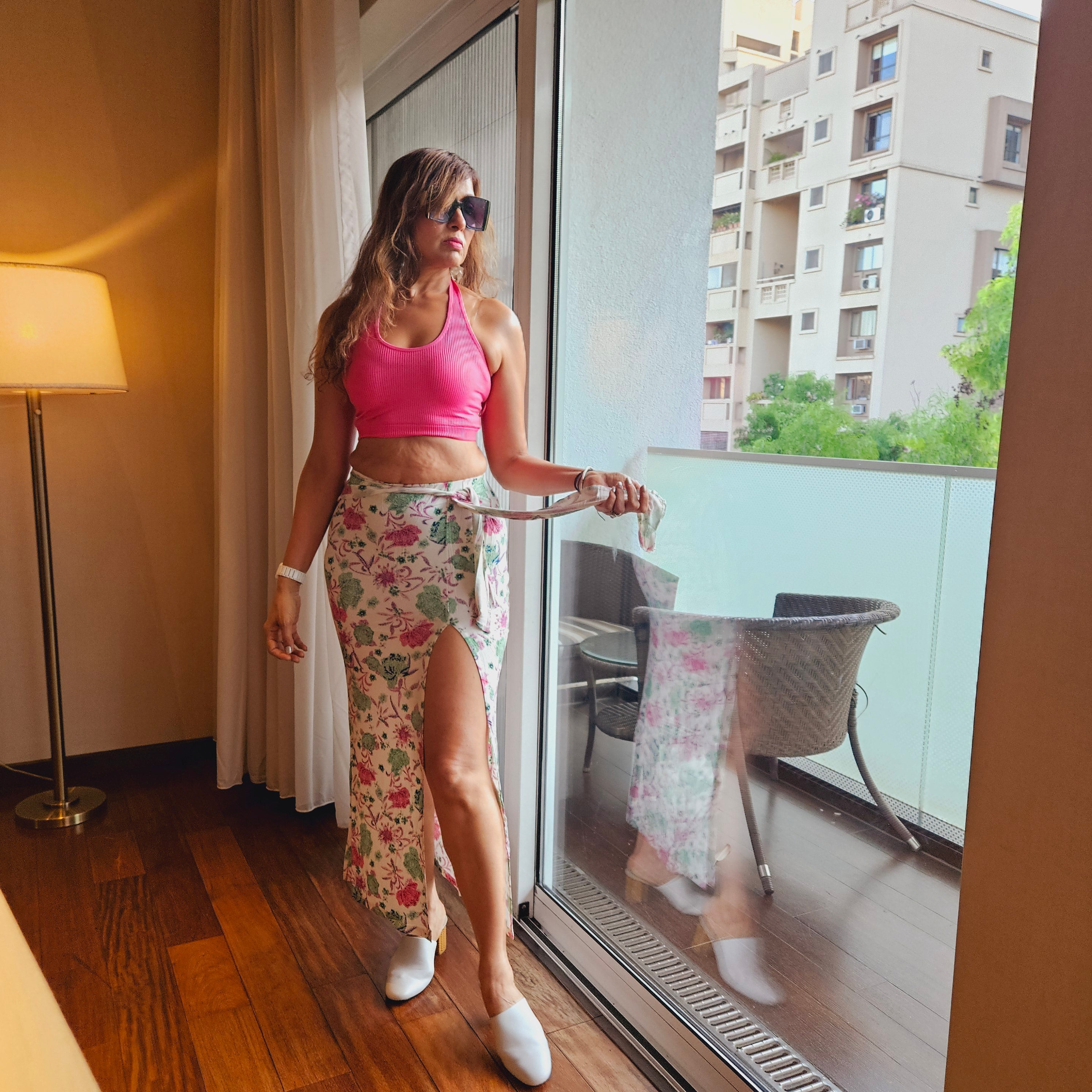 Floral Front Knot Long Skirt styled for party and vacation – knot / tie detail
