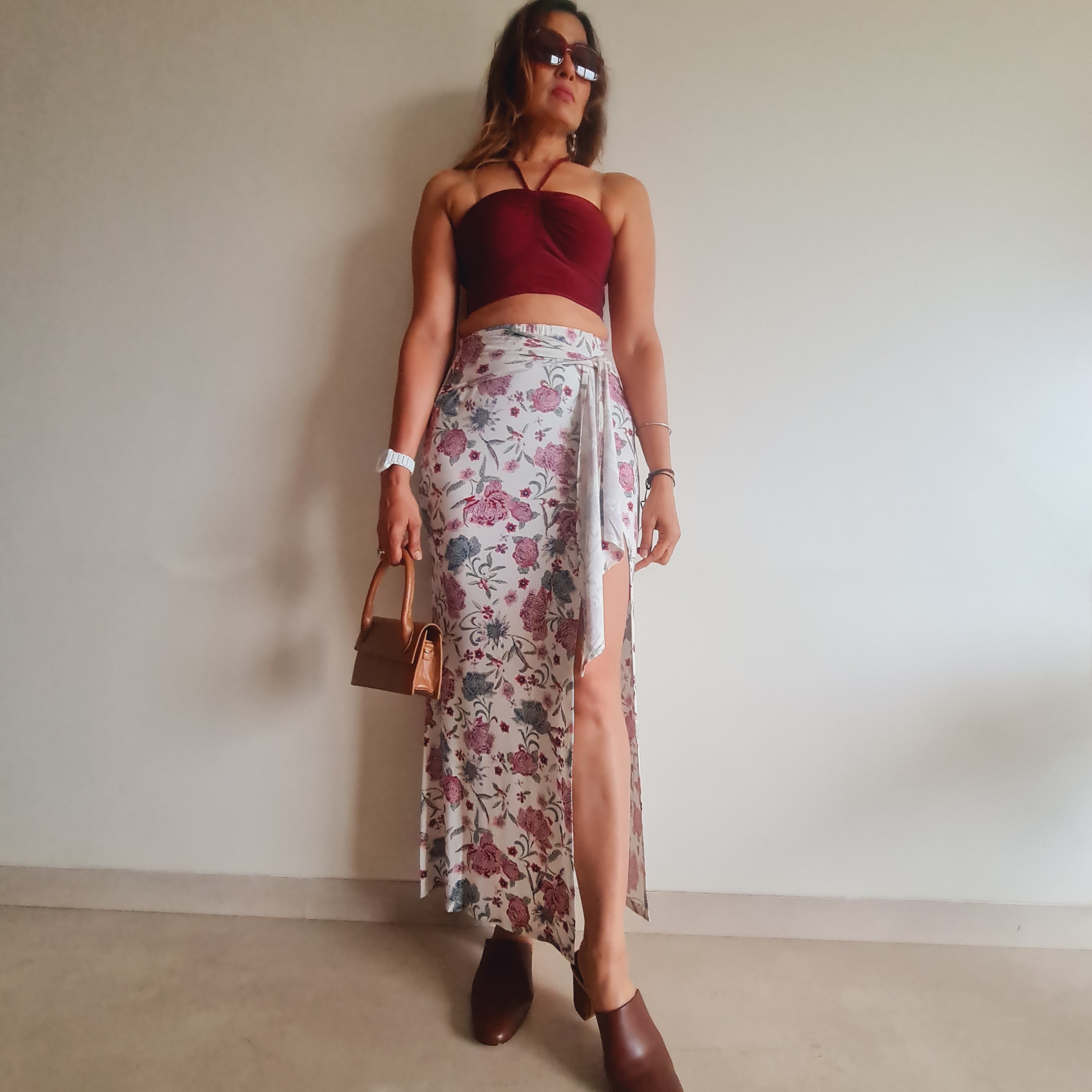 brown long skirt: Floral Viscose Front Knot Long Skirt (detail close-up)
