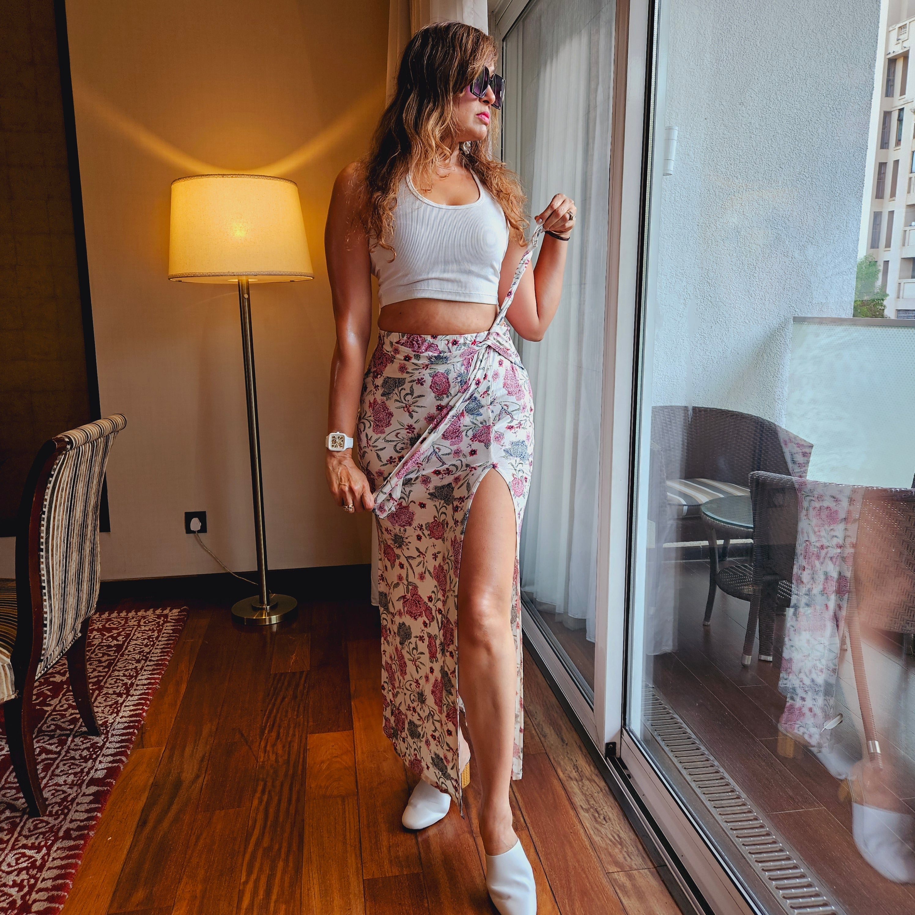 brown long skirt: Floral Viscose Front Knot Long Skirt (vacation styling)
