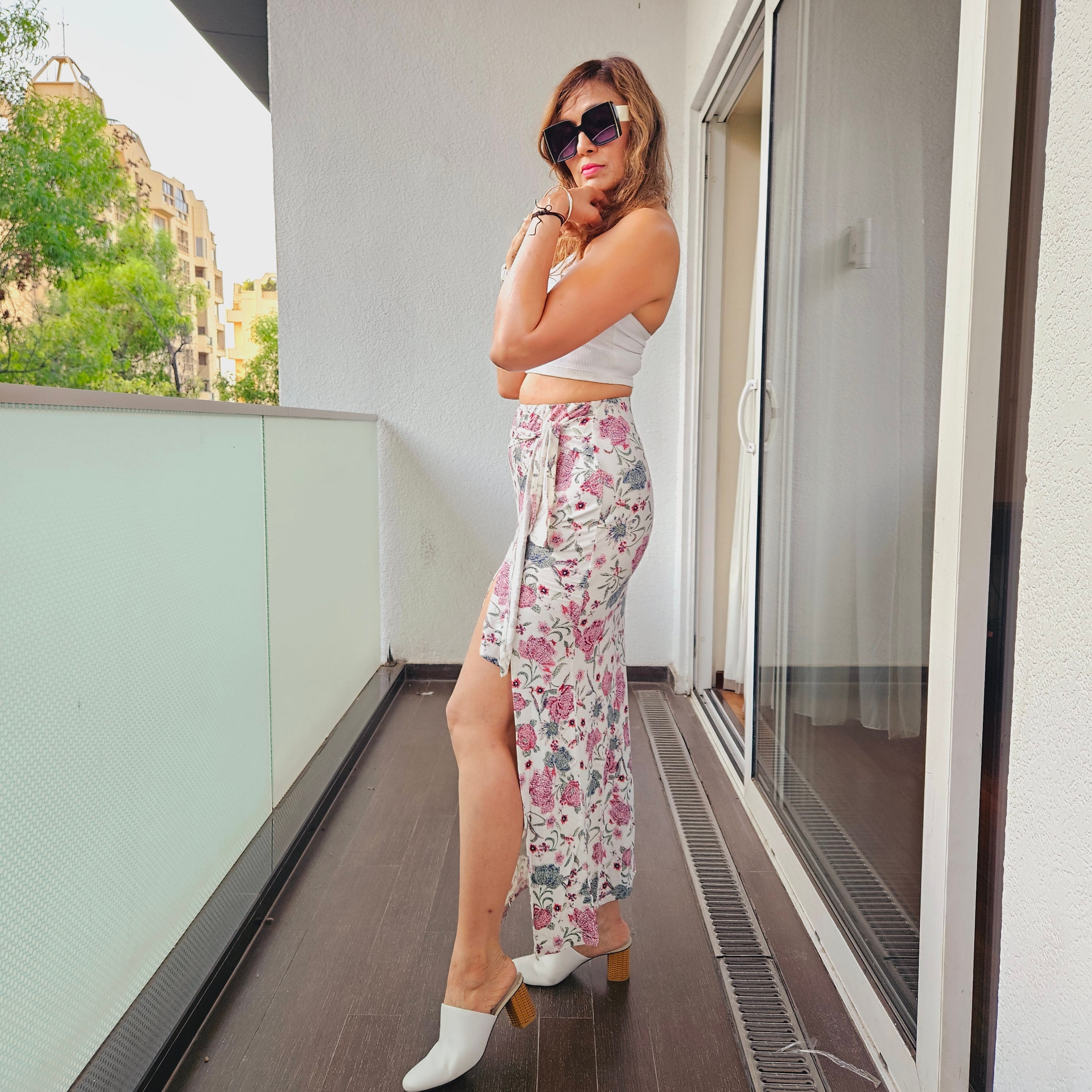 Floral Viscose Front Knot Long Skirt – vacation styling western long skirt for women, Marcel & Mae
