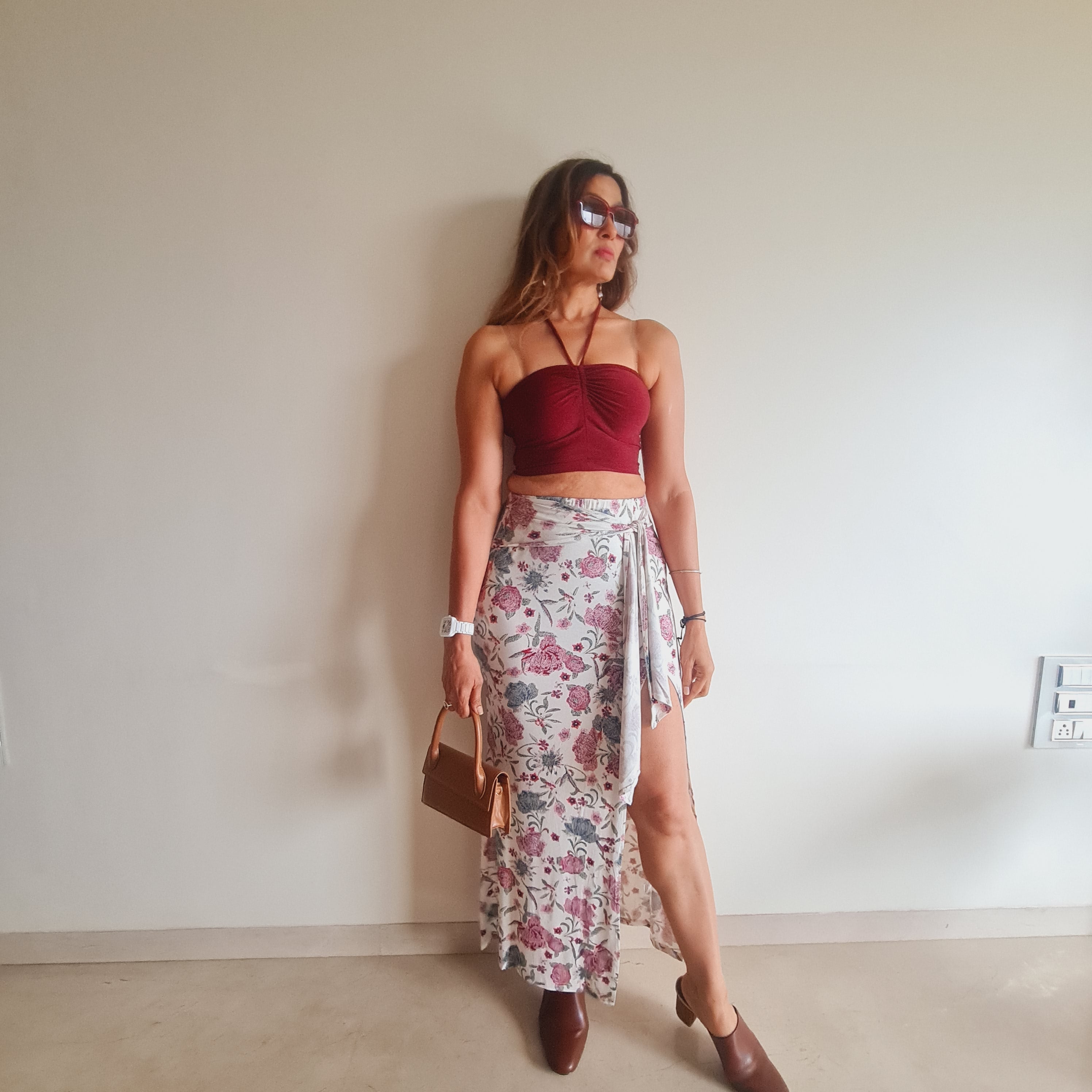 Floral Viscose Front Knot Long Skirt styled for party and vacation – walking shot

