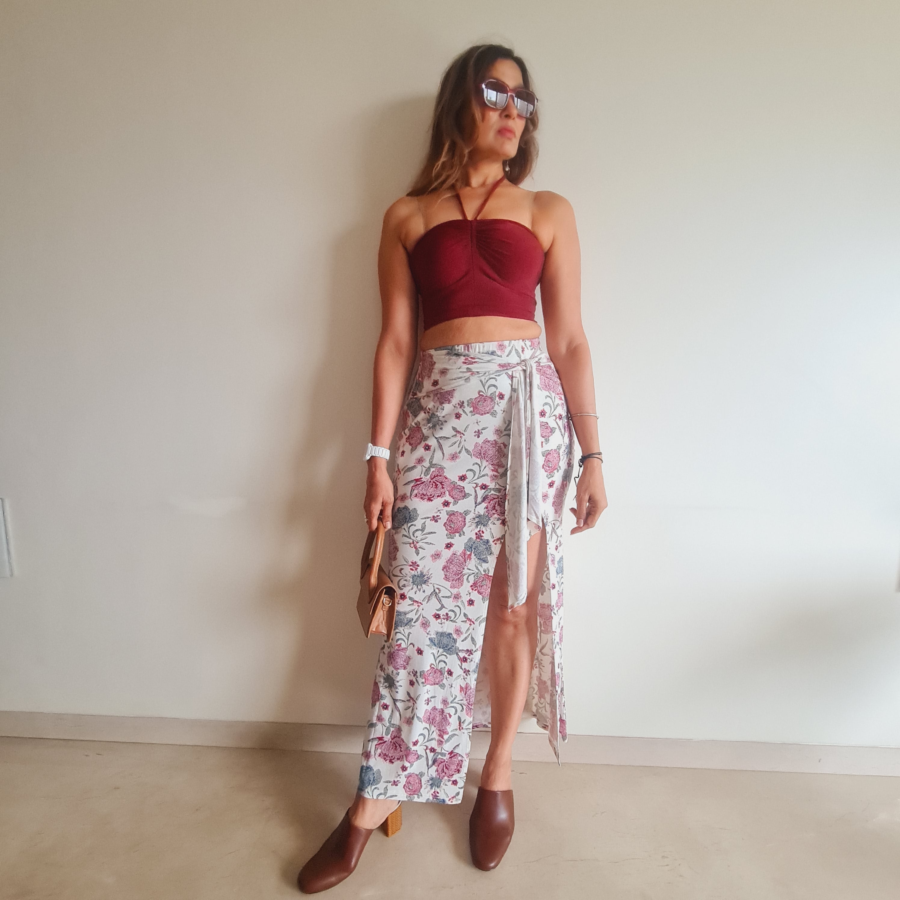 Floral Viscose Front Knot Long Skirt – back view western long skirt for women, Marcel & Mae
