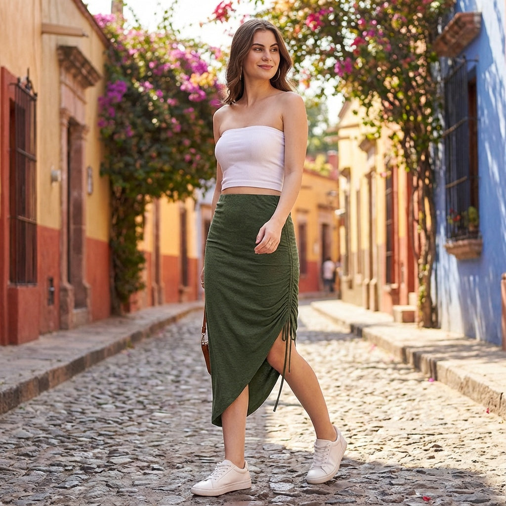 Marcel & Mae Green Drawstring Asymmetrical Long Skirt, back view, green long skirt
