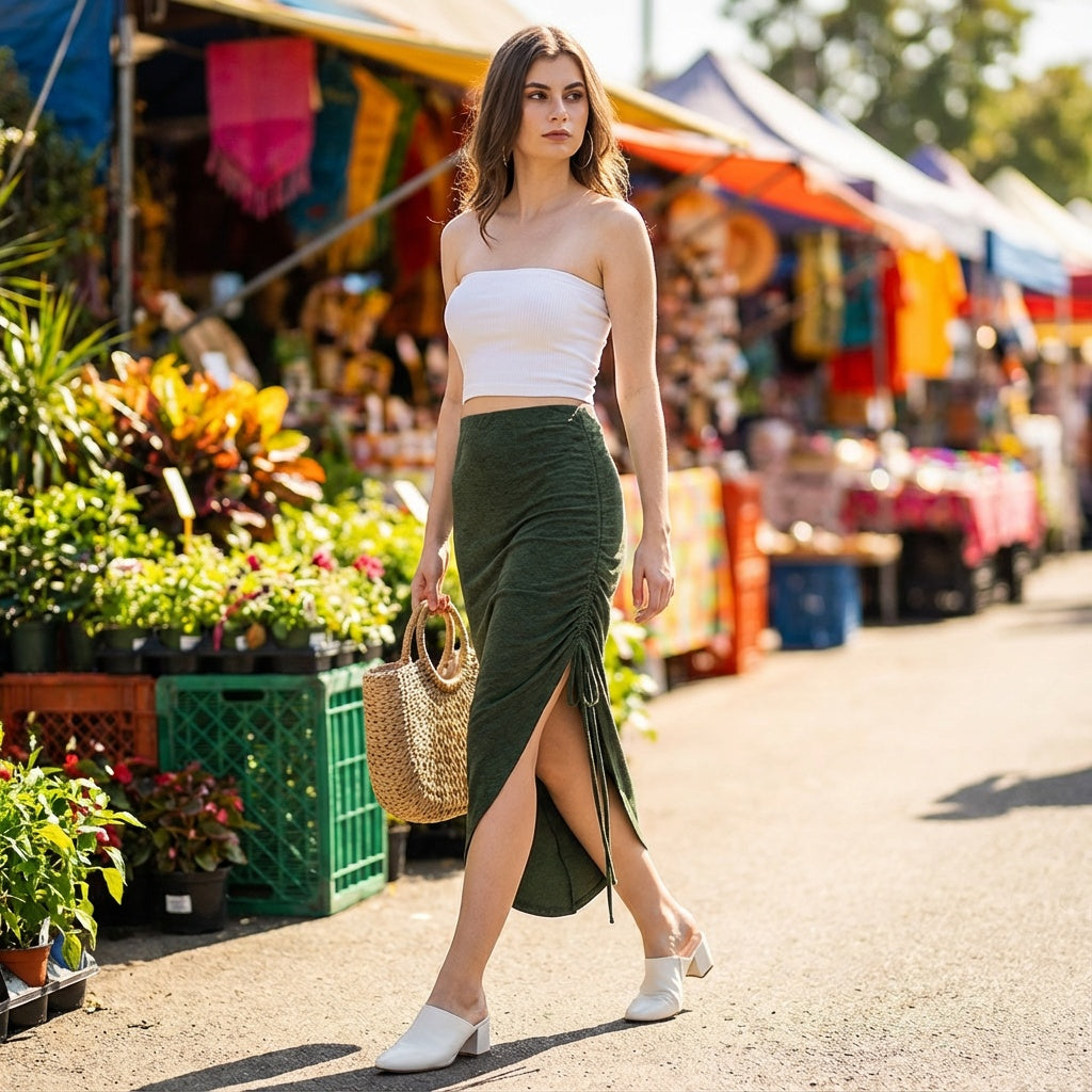 Marcel & Mae Green Drawstring Asymmetrical Long Skirt, knot / tie detail, green long skirt

